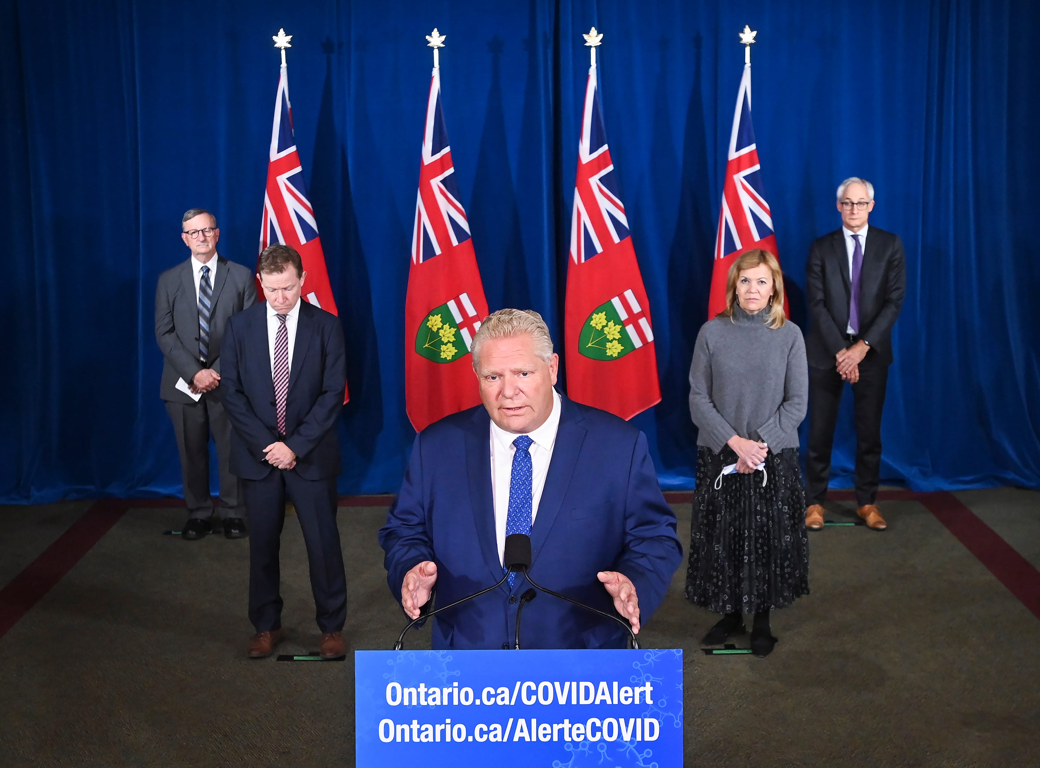 Ontario Premier Doug Ford holds a press conference with his medical team regarding new restrictions at Queen's Park during the COVID-19 pandemic in Toronto on Friday, October 2, 2020. THE CANADIAN PRESS/Nathan Denette
