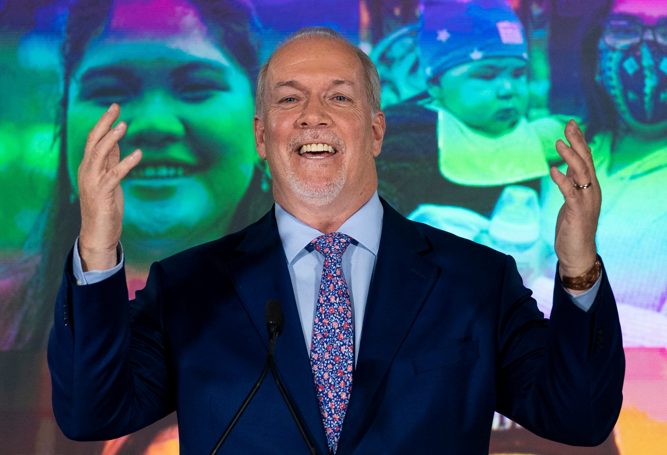 Horgan celebrates his B.C. election win on Saturday (Jonathan Hayward/CP)