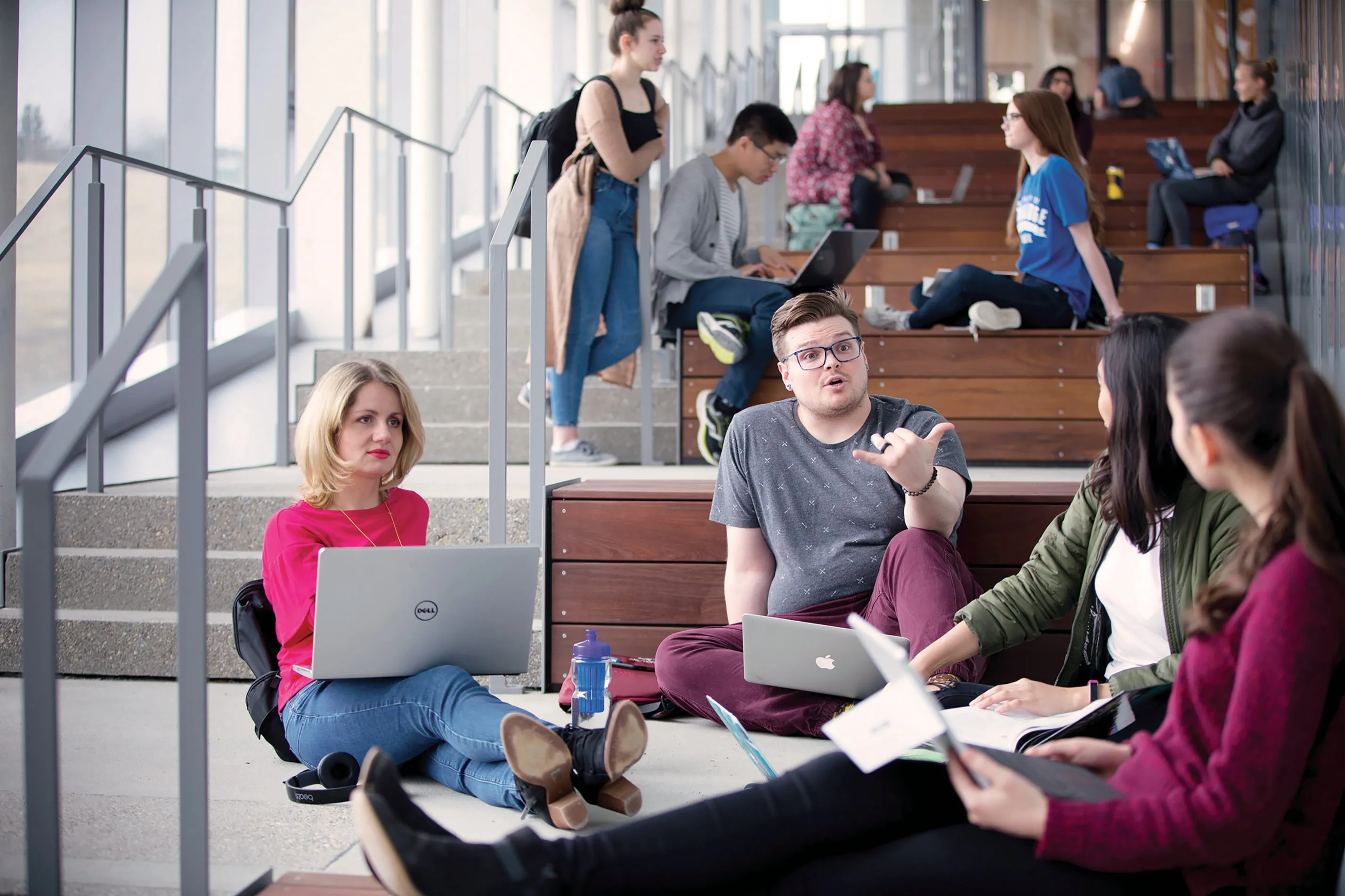 Students chatting at the University of Lethbridge. (Courtesy of Jason Jones/University of Lethbridge)