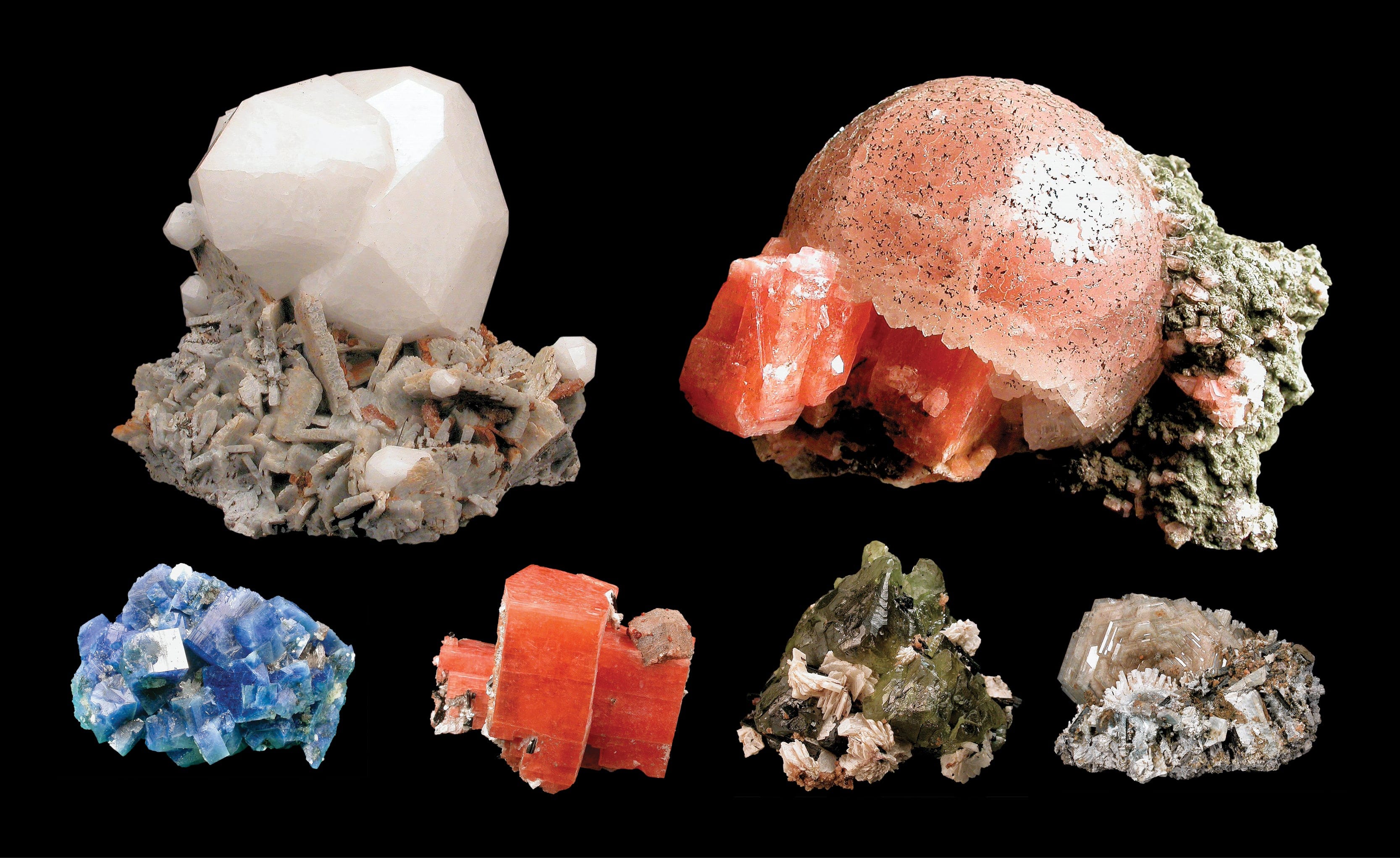 Samples from Haineault’s collection, including (clockwise from top left) analcime on microcline; an ice-cream scoop of leifite with serandite; catapleiite and natrolite; the slug-green-coloured sphalerite and albite; watermelon look-alike serandite and catapleiite; and the blue beauty fluorcarletonite (Courtesy of Gilles Haineault/Canadian Museum of Nature)