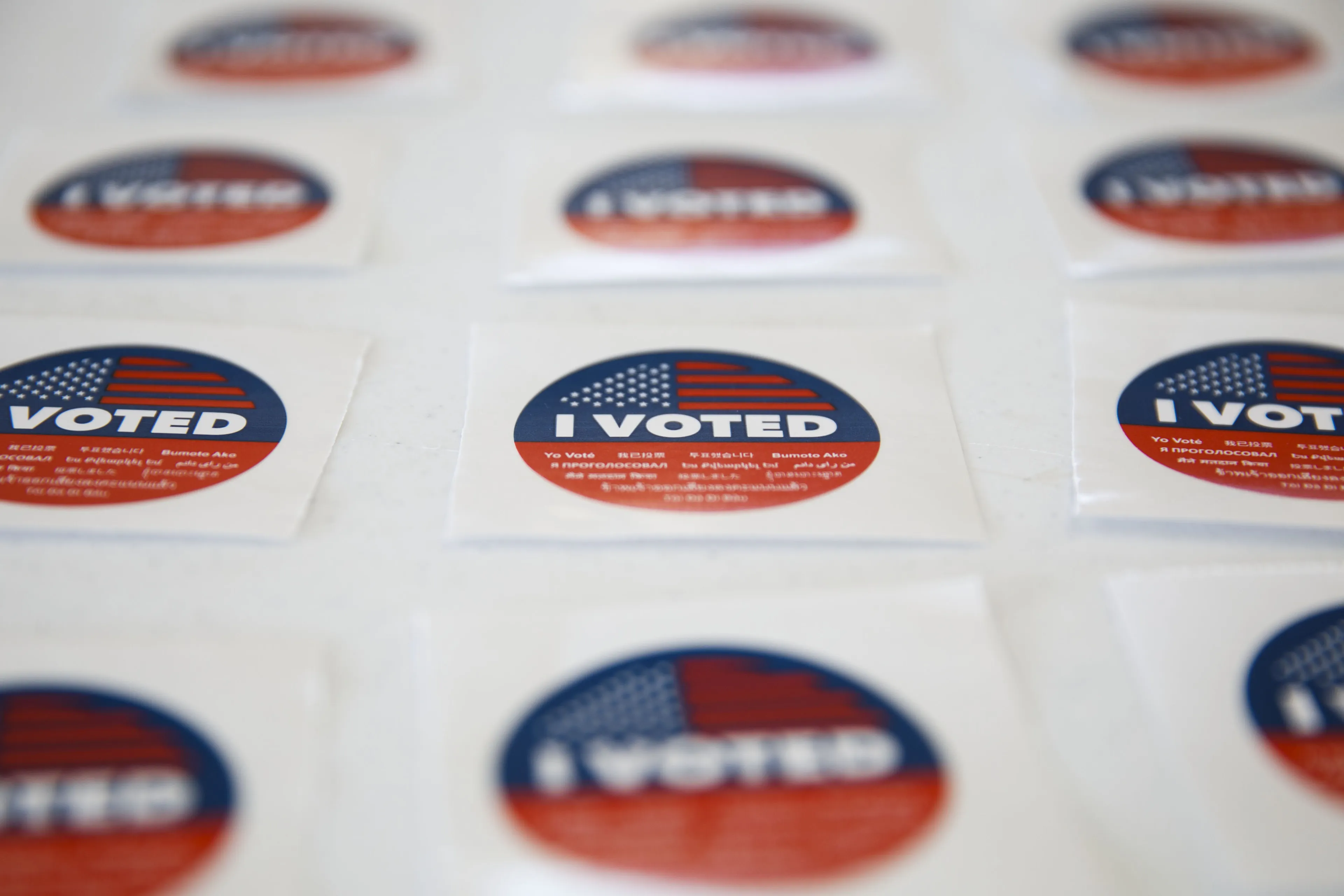 "I Voted" stickers at an early voting polling location at Dockweiler Beach for the 2020 Presidential election in Los Angeles, California, U.S., on Thursday, Oct. 29, 2020. With eight days until the election, 59.4 million people have cast ballots in-person at early voting centers or by mail, according to the U.S. Elections Project. Photographer: Patrick T. Fallon/Bloomberg via Getty Images