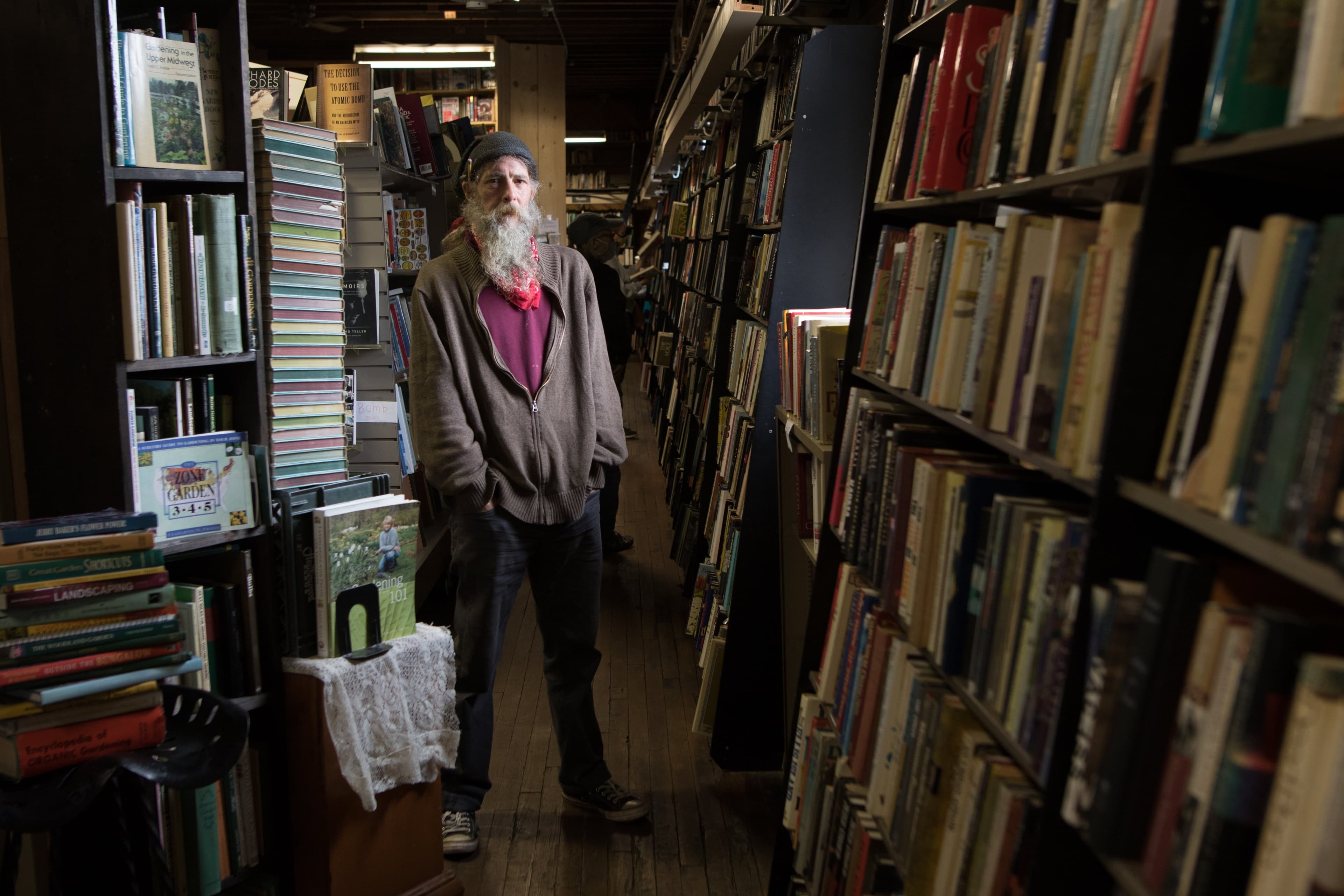 Viroqua, WI Eddy Nix at his bookshop in Viroqua. Nix says many of the core issues that animate Trump supporters also resonate with anarchists like him. (Photograph by Adnan R. Khan)