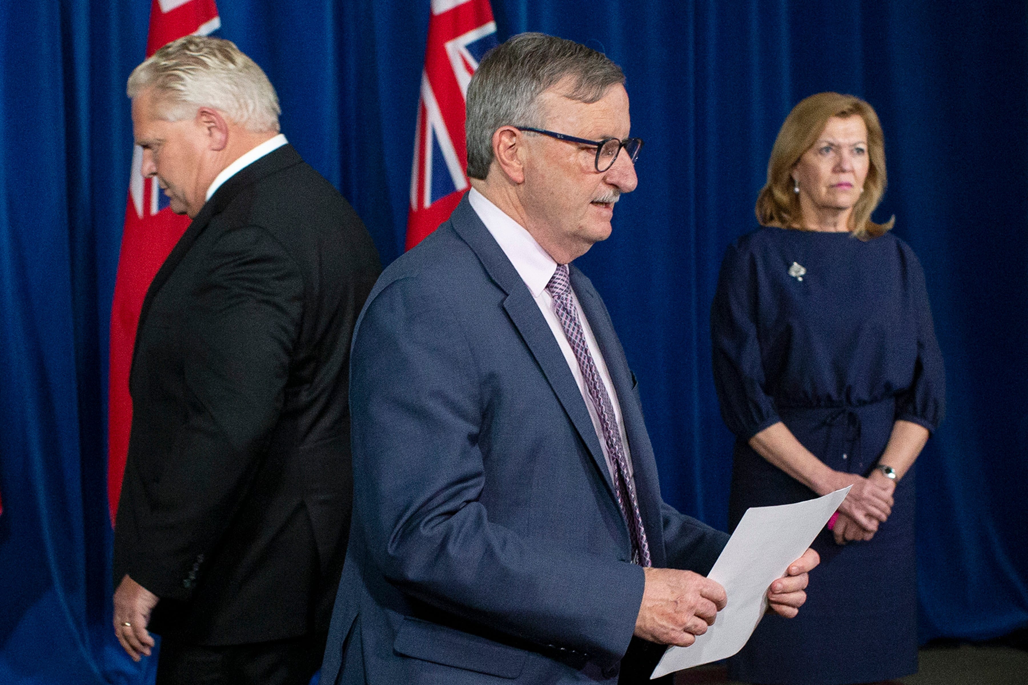 Dr. David Williams, Ontario's Chief Medical Officer, Premier Doug Ford and Health Minister Christine Elliott attend a news conference at the Ontario Legislature in Toronto on Wednesday November 25, 2020. (Chris Young/CP)