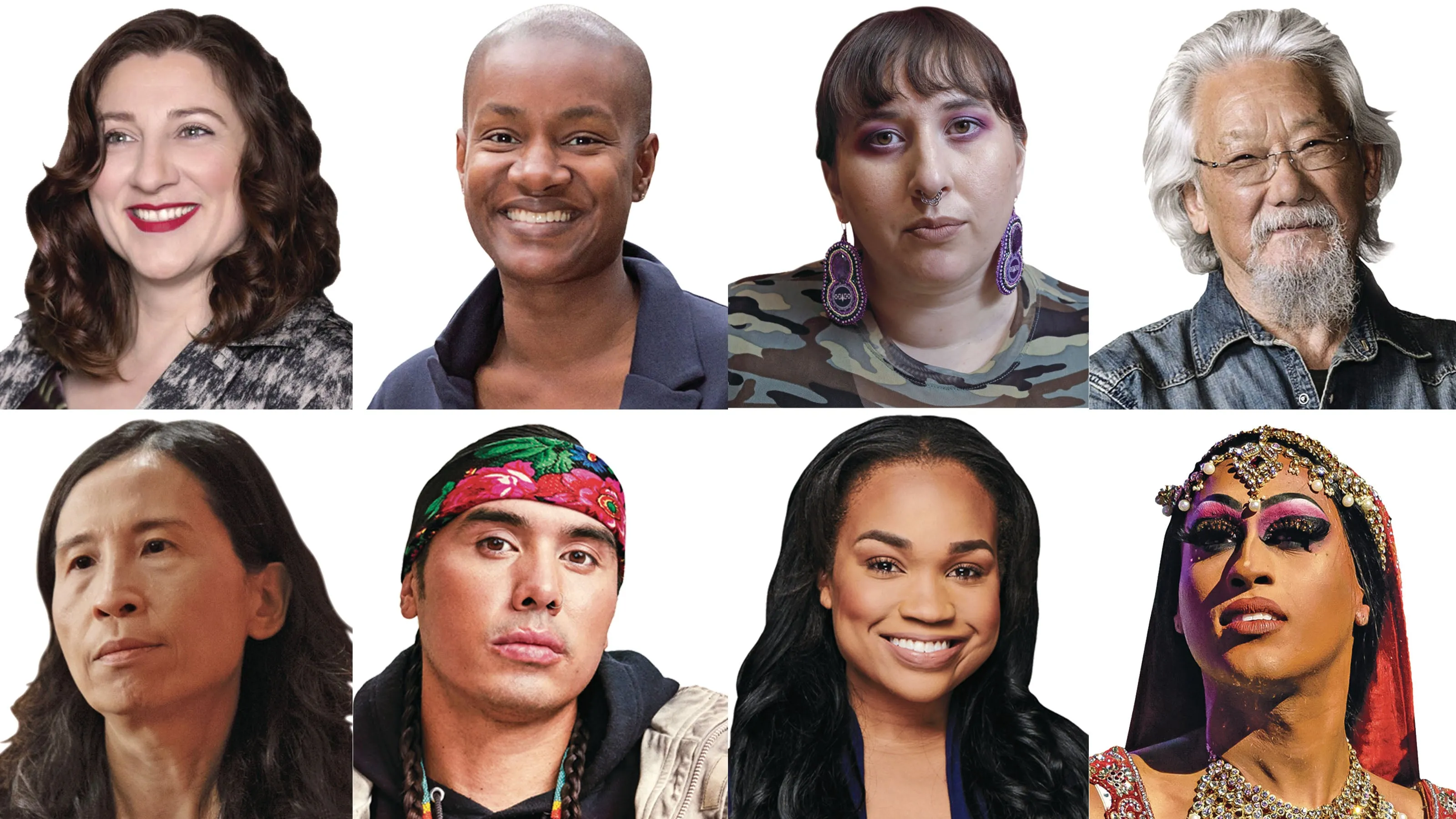 Clockwise from top left: Aurora Brown (Courtesy of CBC), Annamie Paul (Courtesy of the Green Party of Canada), Alicia Elliott (Cole Burston/CP), David Suzuki (Courtesy of CBC), Priyanka (Courtesy of Jackie Brown/Crave), Kayla Grey (Courtesy of Kayla Grey), Notorious Cree (Courtesy of Norman Wong and Notorios Cree), Theresa Tam (Adrian Wyld/CP)