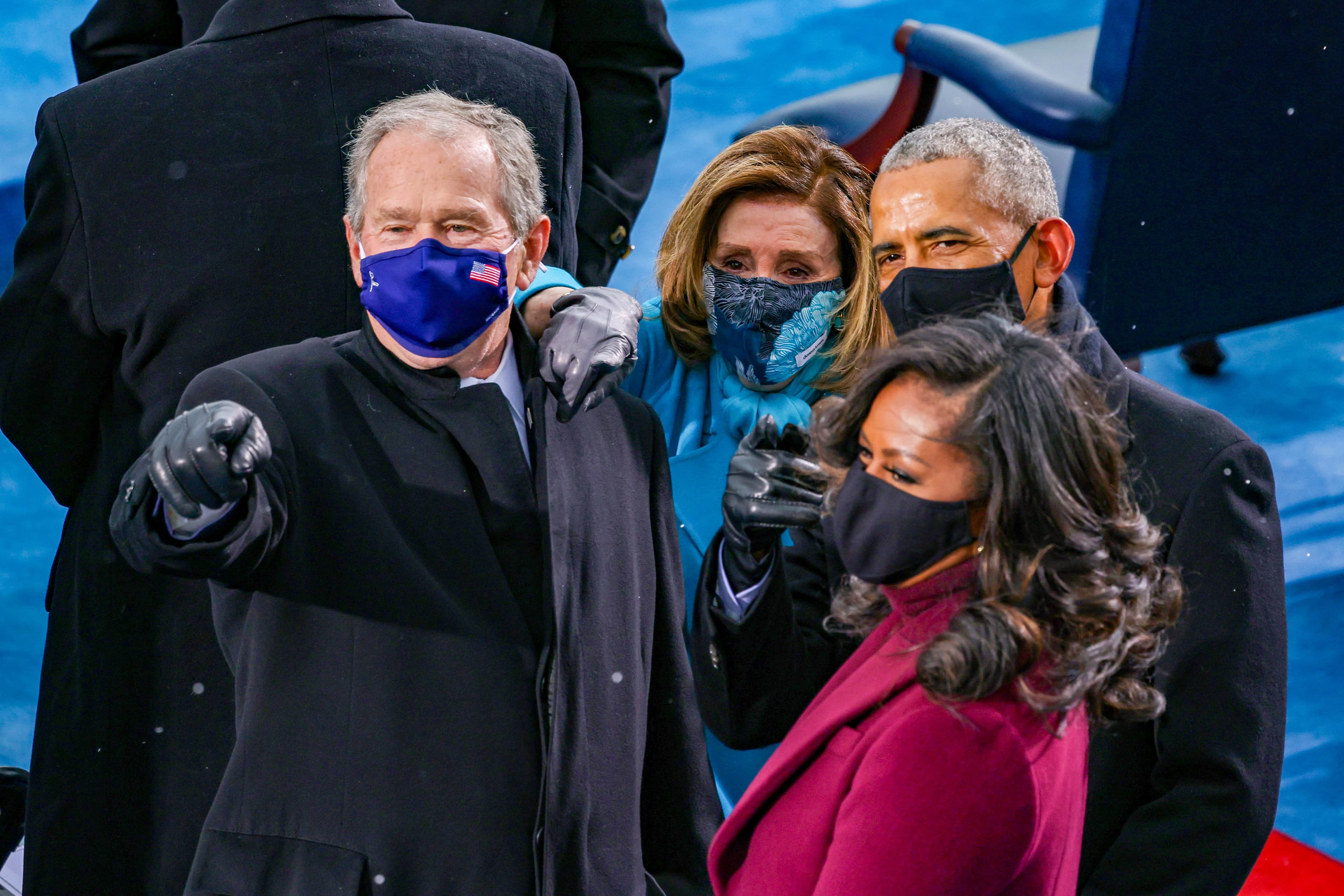 Former U.S. President George W. Bush, Speaker of the House Nancy Pelosi (D-CA), former U.S. President Barack Obama and Michelle Obama arrive at the inauguration of U.S. President-elect Joe Biden on the West Front of the U.S. Capitol on January 20, 2021 in Washington, DC. During today's inauguration ceremony Joe Biden becomes the 46th president of the United States. (Tasos Katopodis/Getty Images)