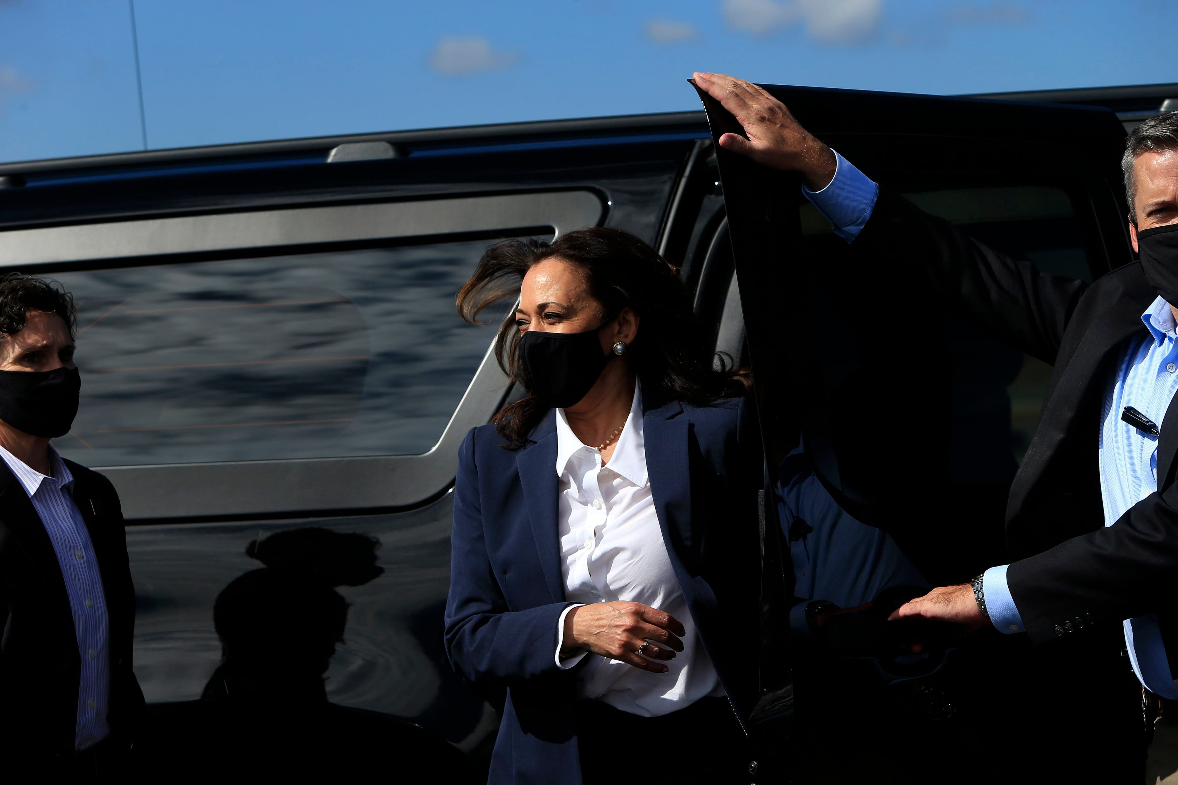Democratic vice presidential nominee Sen. Kamala Harris (D-CA) addresses members of the media at Asheville Regional Airport on October 21, 2020 in Asheville, North Carolina. North Carolina is considered a valuable swing state for both presidential candidates. (Brian Blanco/Getty Images)
