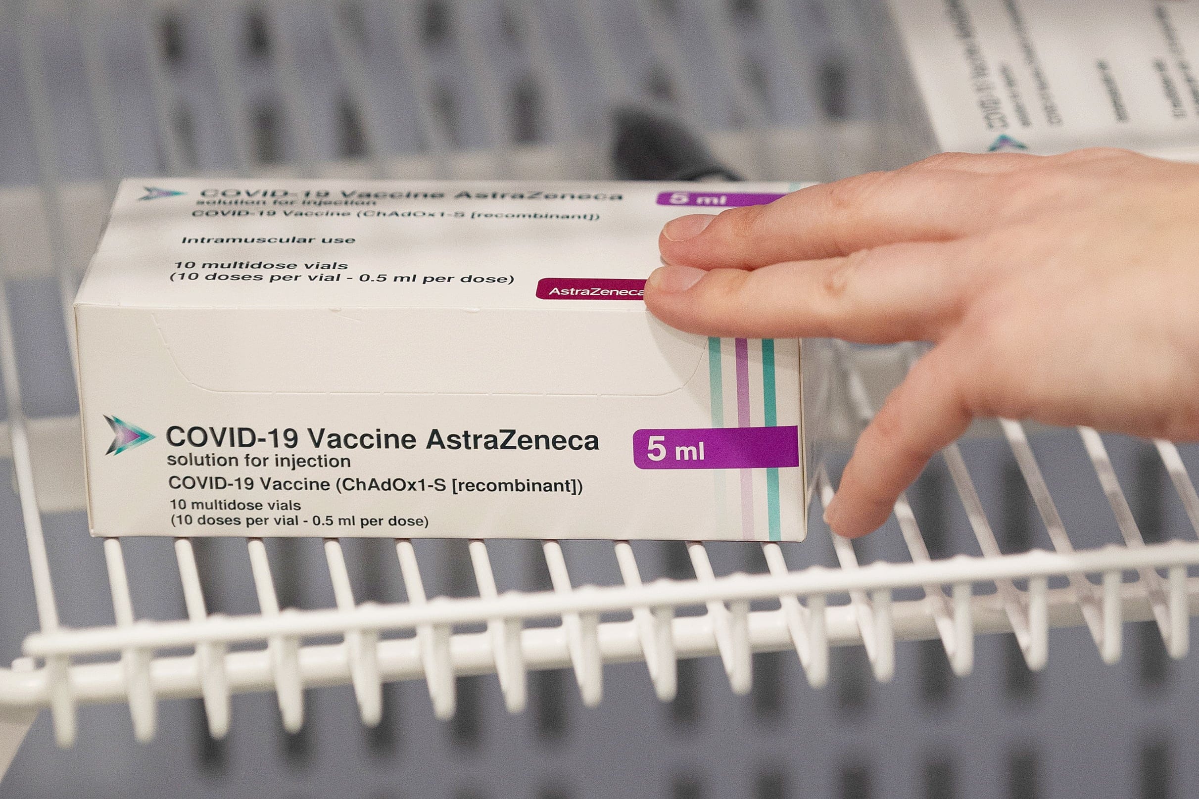 The Covid-19 AstraZeneca Covid-19 vaccine in a refrigerator at Robertson House in Stevenage, Hertfordshire, Britain. EPA/JOE GIDDENS / POOL *** Local Caption *** 56613507