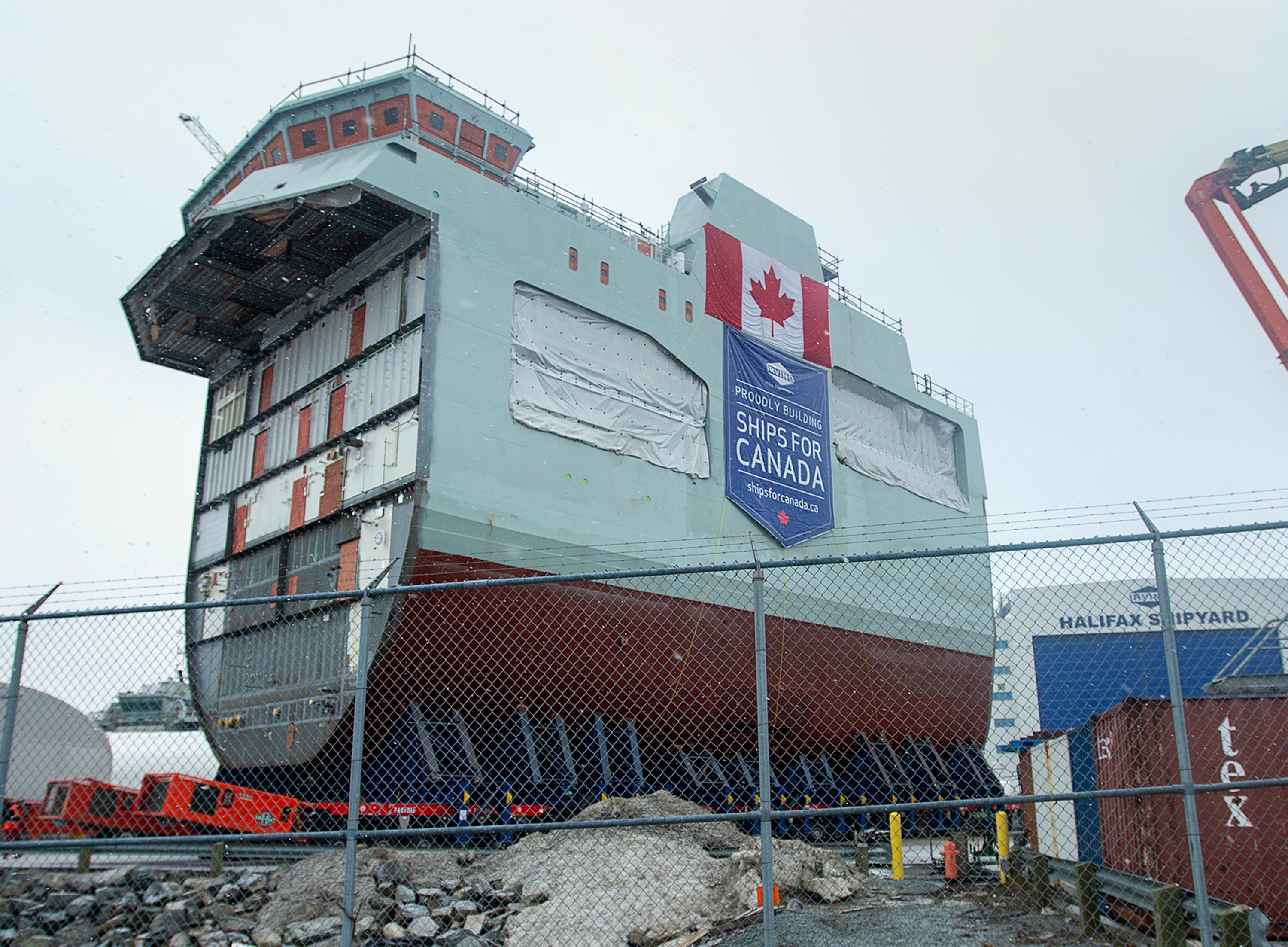 The centre block of the future HMCS Max Bernays sits at the Irving Shipbuilding facility in Halifax on Jan. 22, 2021 (CP/Andrew Vaughan)