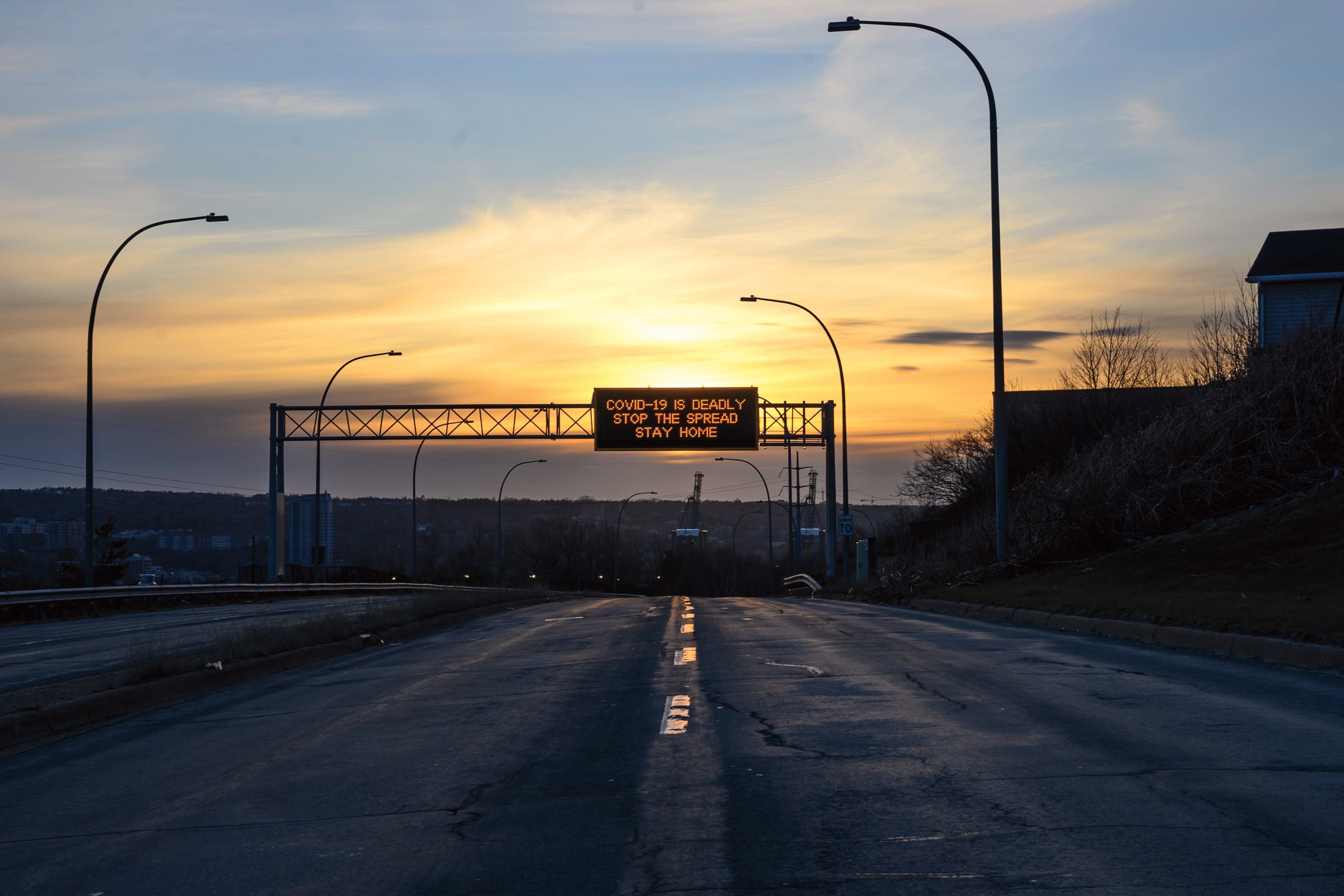 A message board over a highway in Halifax on Tuesday, April 21, 2020. (Darren Calabrese)