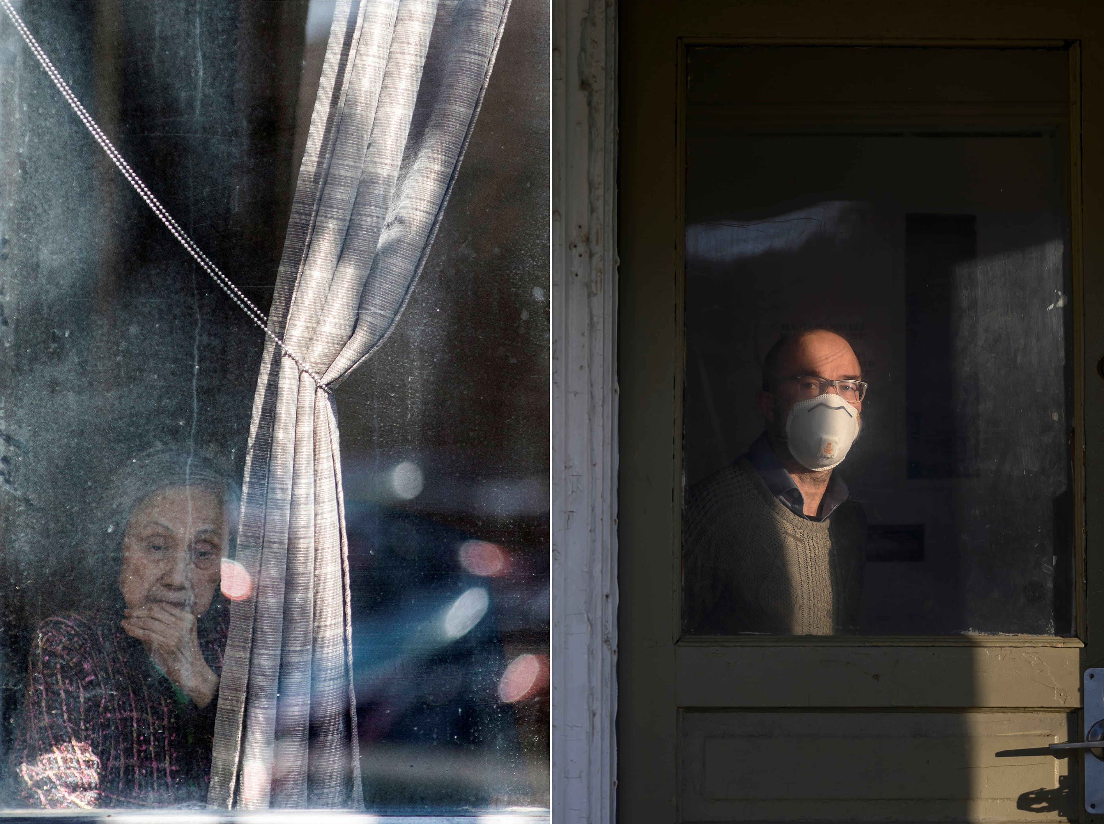 (L): A resident identified as Flora looks on after receiving blessing and absolution from priest David Sherry (not pictured) at Orchard Villa Retirement Residence after several residents died of the coronavirus disease (COVID-19) in Pickering, Ontario, Canada April 25, 2020. (Carlos Osorio/Reuters); (R): Garry Williams poses at his home in Halifax during a two-week self-isolation early in the pandemic on Saturday, March 28, 2020 following his return from Germany. (Darren Calabrese)