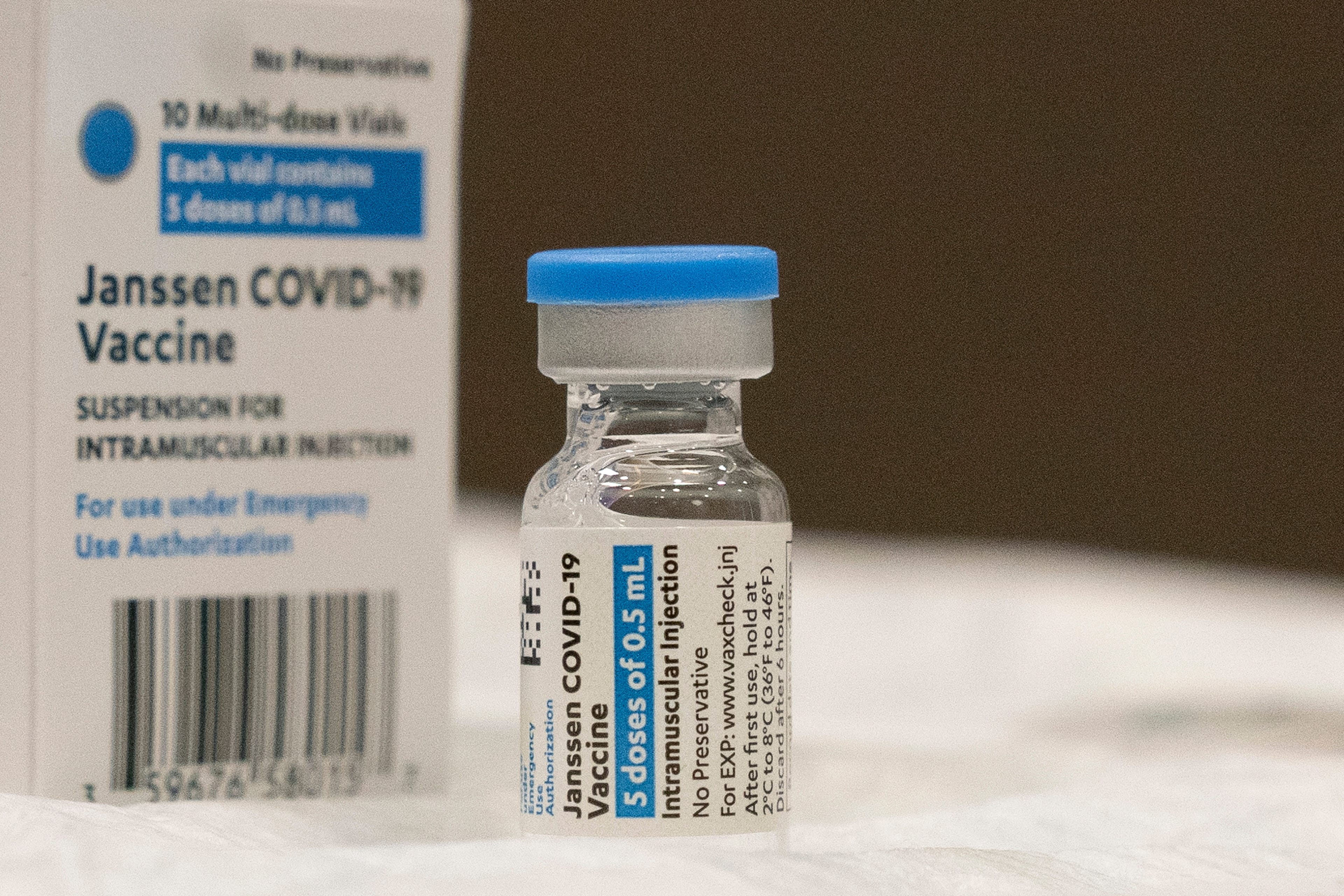 A vial of the Johnson & Johnson COVID-19 vaccine is displayed at South Shore University Hospital, Wednesday, March 3, 2021 in Bay Shore, N.Y. (AP Photo/Mark Lennihan)