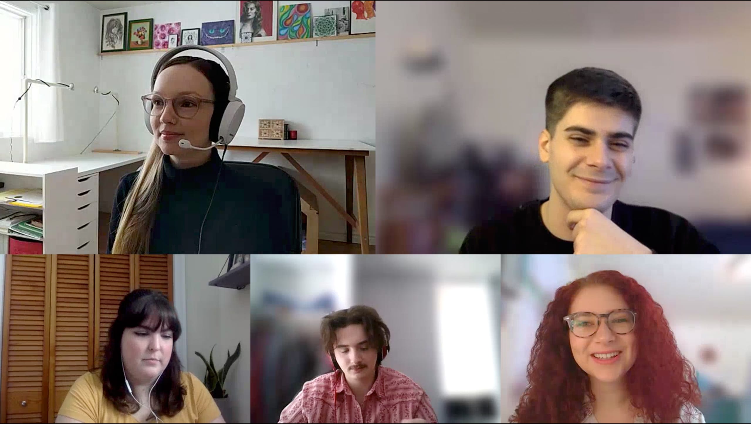 Baillie (top right) on a video call with other Bishop’s students who were hired to work with professors to design courses for online delivery (Loch Baillie)