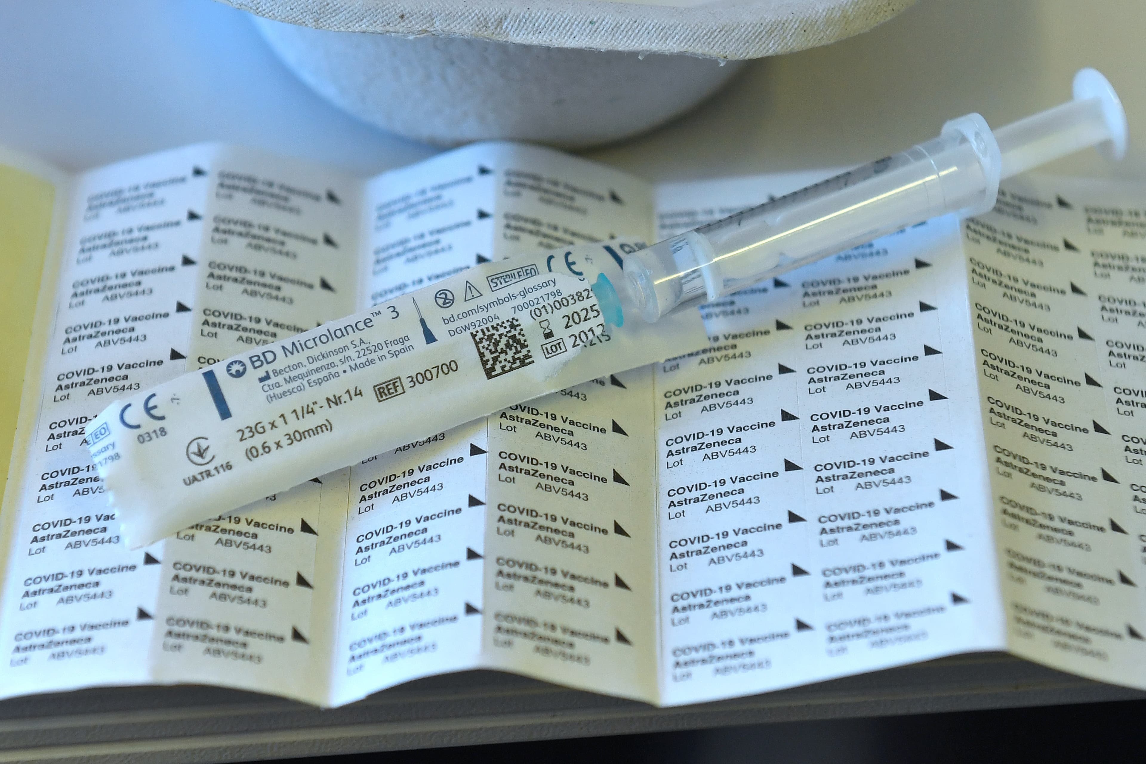 An AstraZeneca vaccine, complete with tracking codes, on March 2, 2021 (Frank Hoermann/Sven Simon/dpa via ZUMA Press)