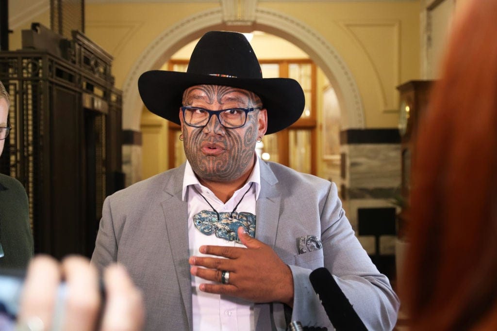 New Zealand legislator Waititi wearing a Māori pendant (Lynn Grieveson/Newsroom/Getty Images)