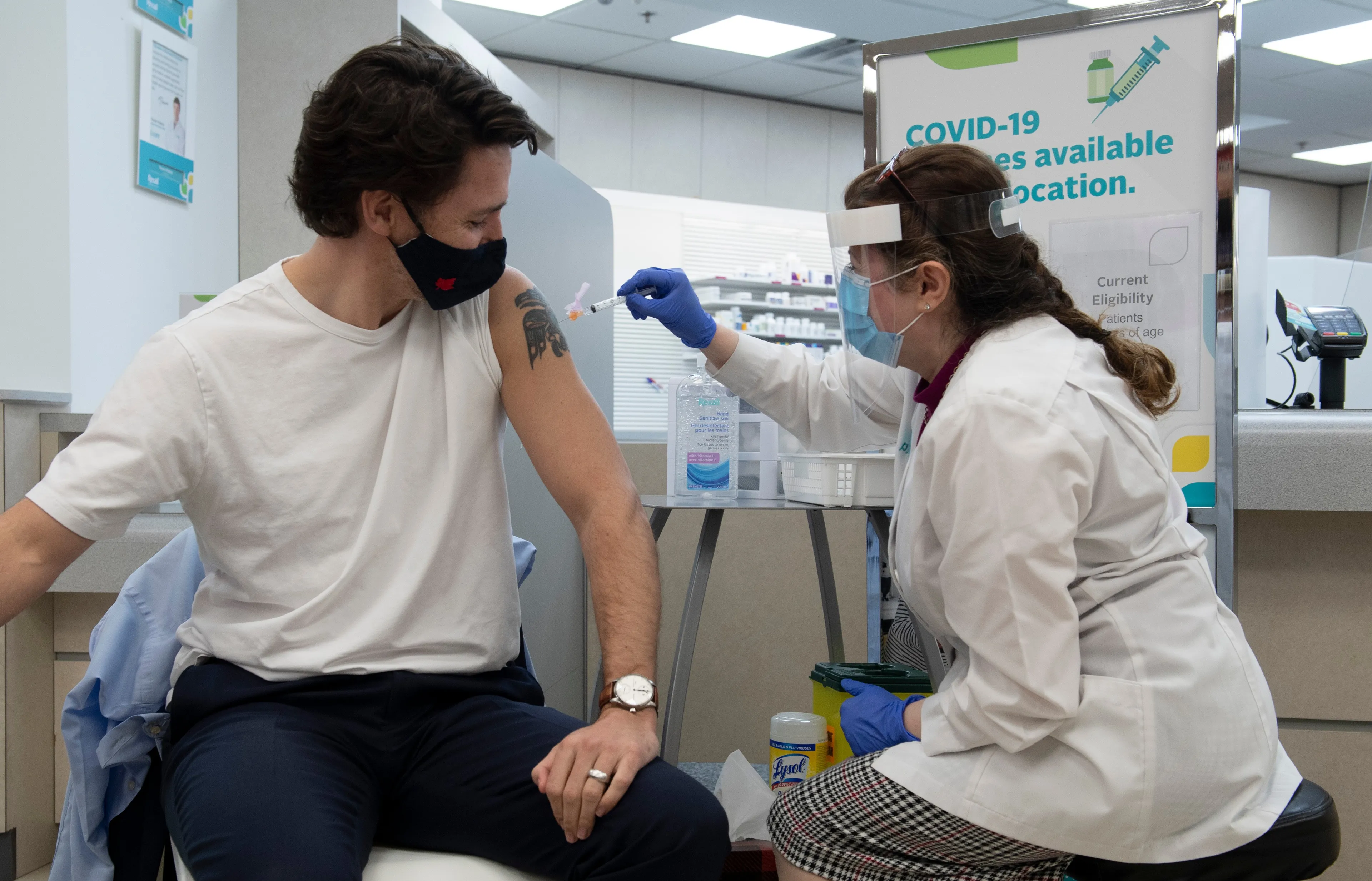Prime Minister Justin Trudeau receives his COVID vaccination in Ottawa, Friday April 23, 2021. THE CANADIAN PRESS/Adrian Wyld