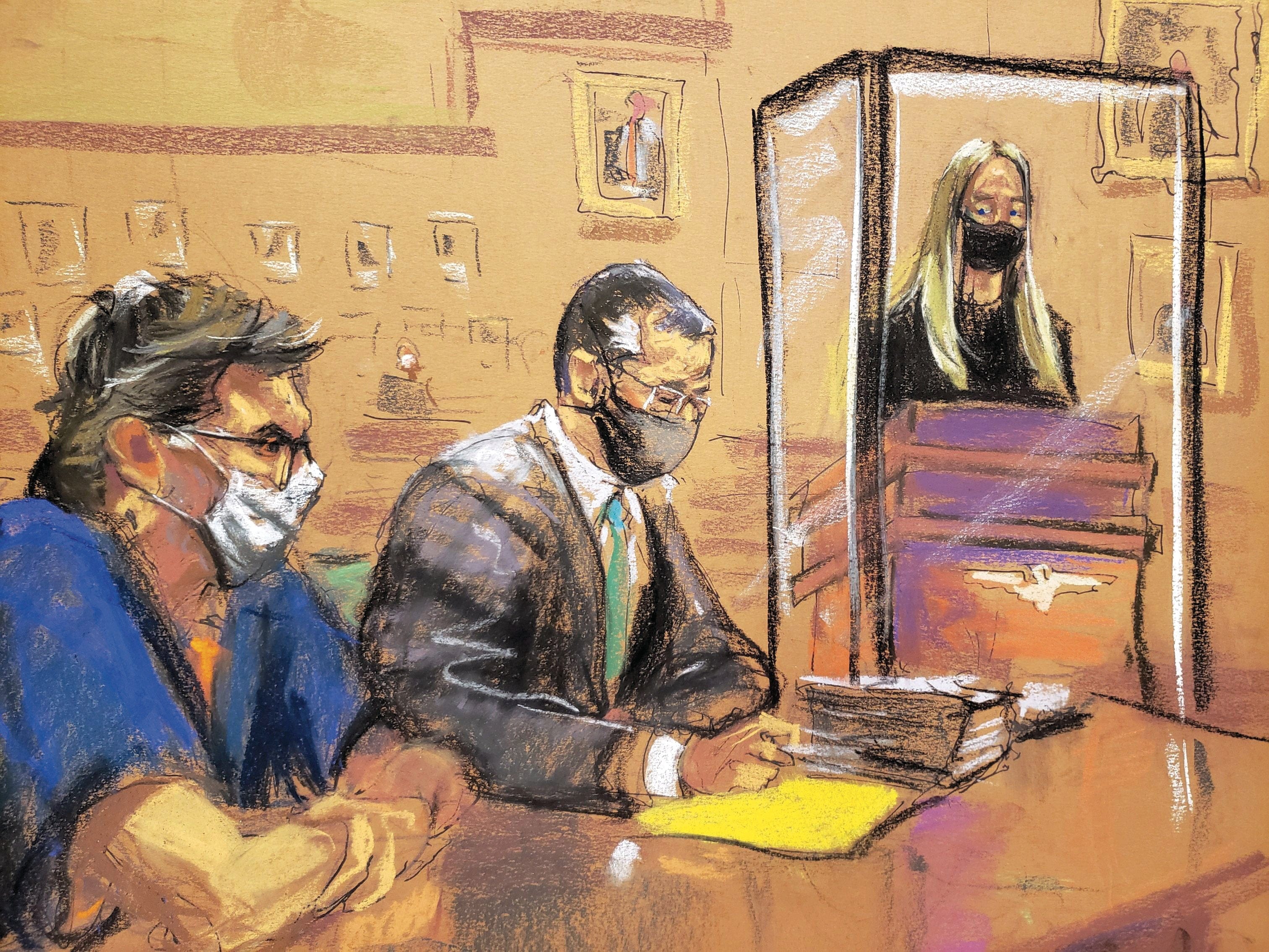 A courtroom sketch of Raniere’s 2020 sentencing hearing; he was given 120 years in prison (Jane Rosenberg/Reuters)