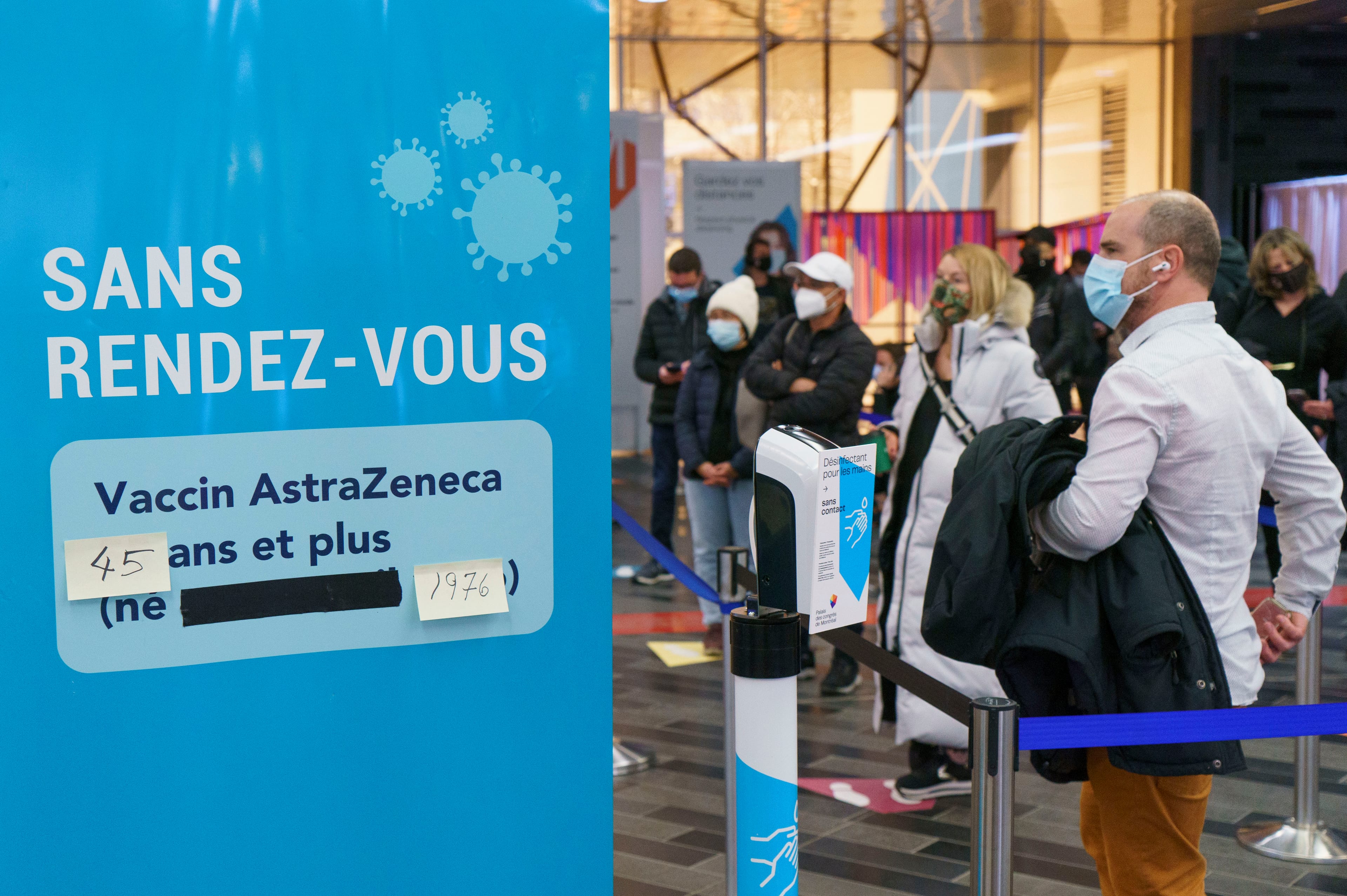 People lining up at walk-in COVID-19 vaccination clinic to receive the AstraZeneca vaccine in Montreal, on Wednesday, April 21, 2021. THE CANADIAN PRESS/Paul Chiasson