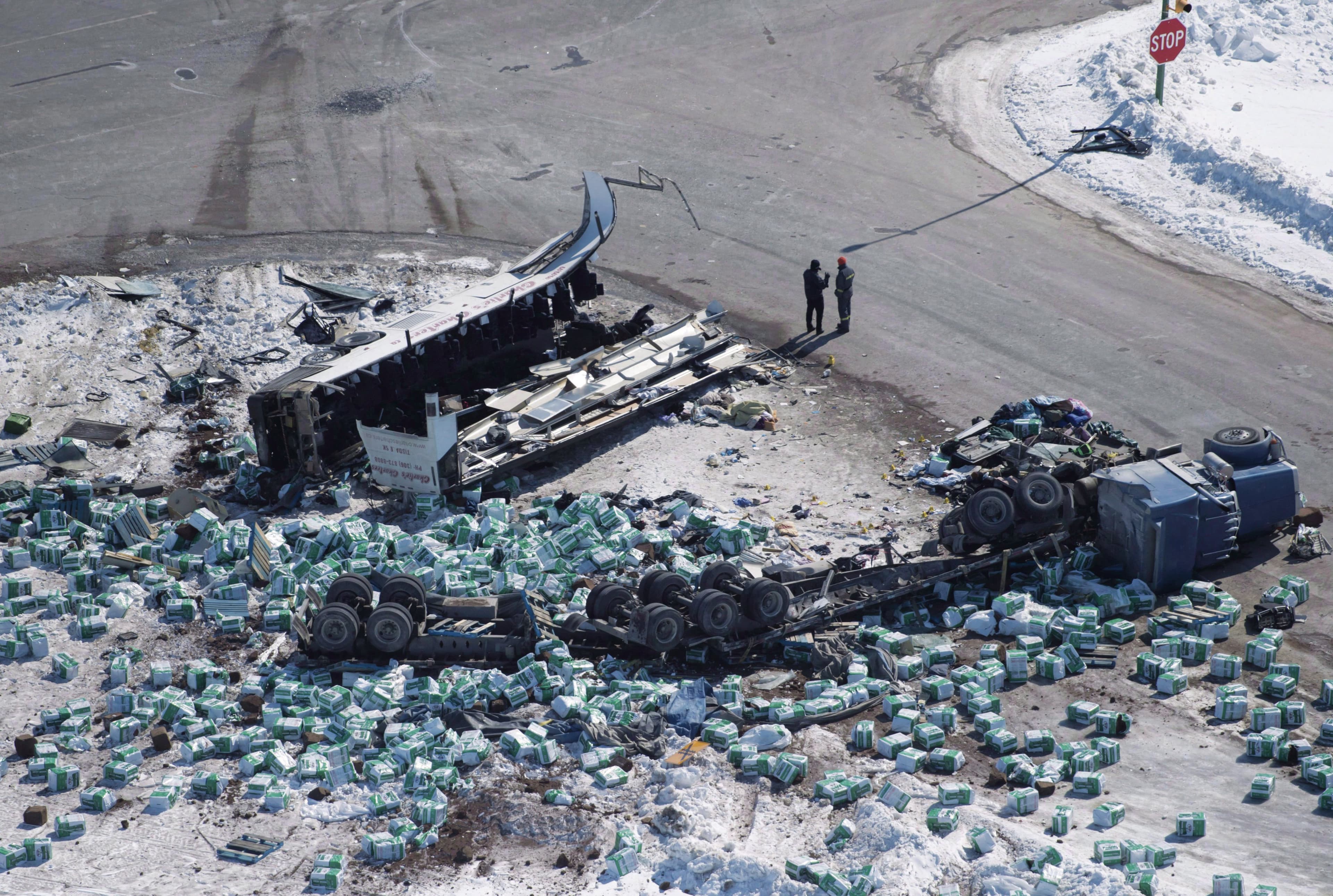 The wreckage from the April 6, 2018, collision of the truck driven by Sidhu and the Broncos bus (Jonathan Hayward/CP)