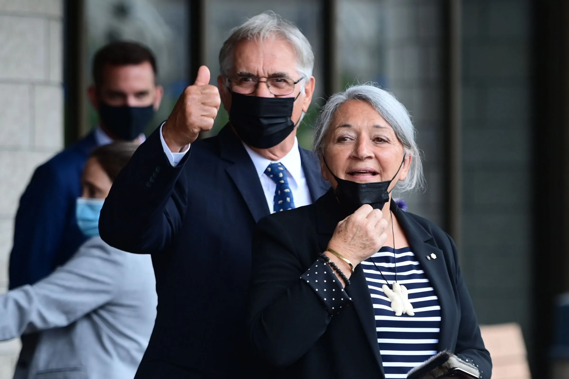 Mary Simon and her husband Whit Fraser leave after the announcement at the Canadian Museum of History in Gatineau that Simon, an Inuk leader and former Canadian diplomat, has been named as Canada's next governor general — the first Indigenous person to serve in the role. (Sean Kilpatrick/CP)