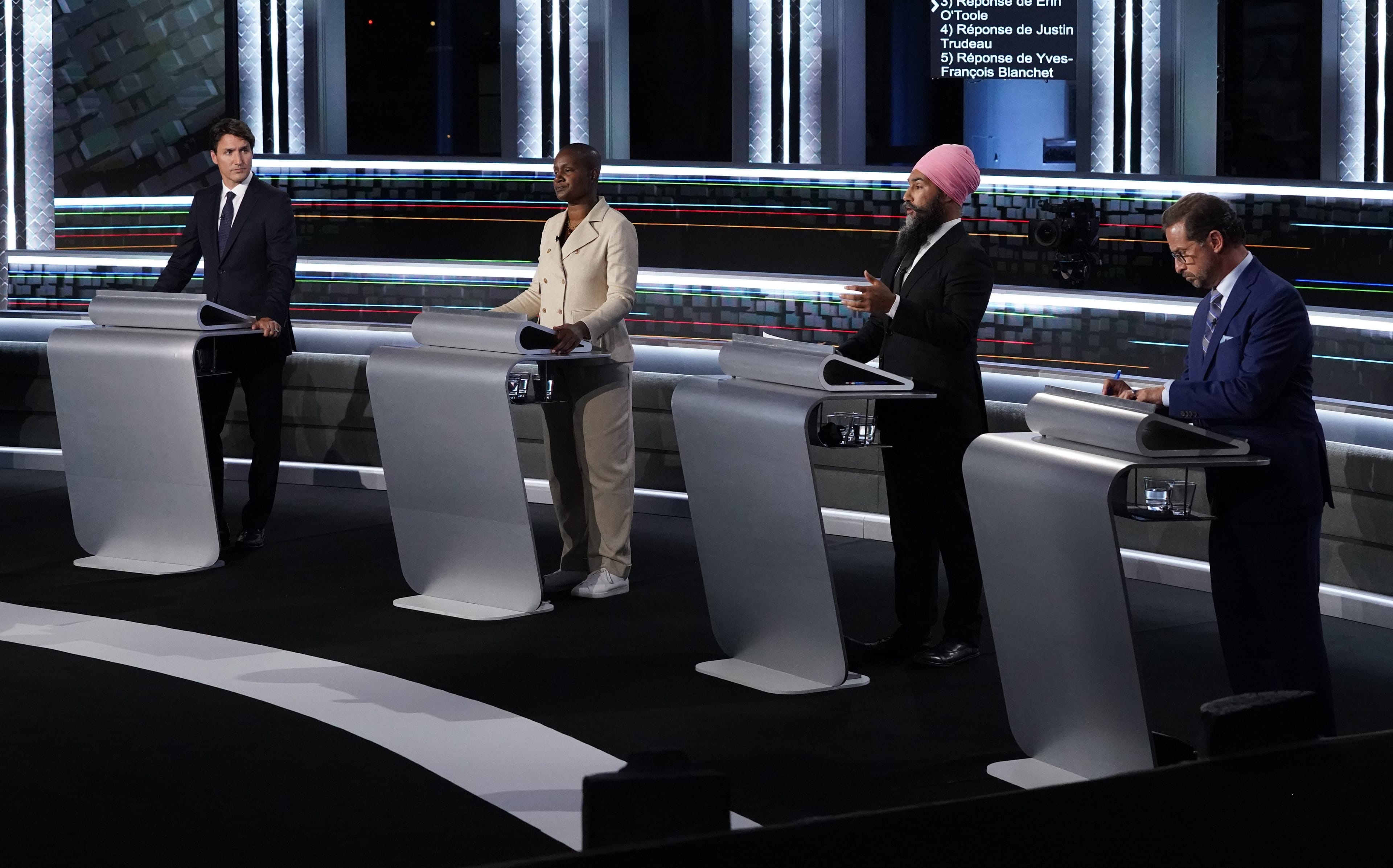 Trudeau, Paul, Blanchet and Singh during the federal election French-language leaders debate, on Sept. 8, 2021 in Gatineau, Que. (Sean Kilpatrick/CP)