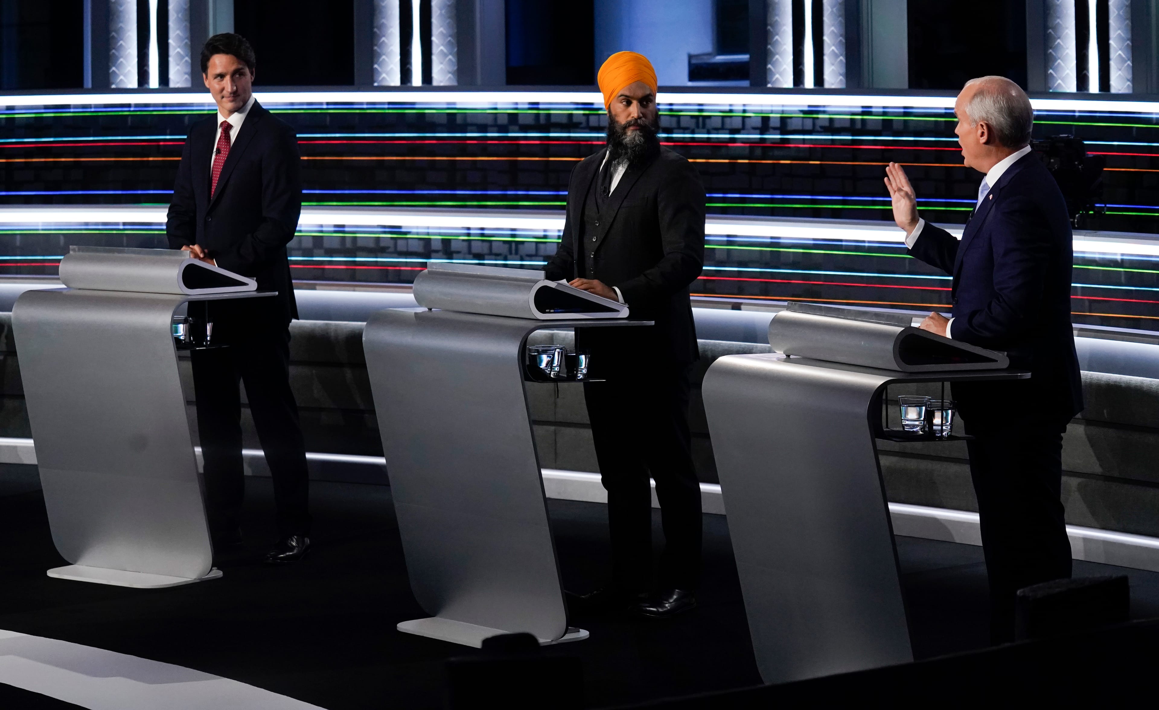 Trudeau, Singh and O'Toole take part in the federal election English-language leaders debate in Gatineau, Que., on Sept. 9, 2021 (Adrian Wyld/CP)