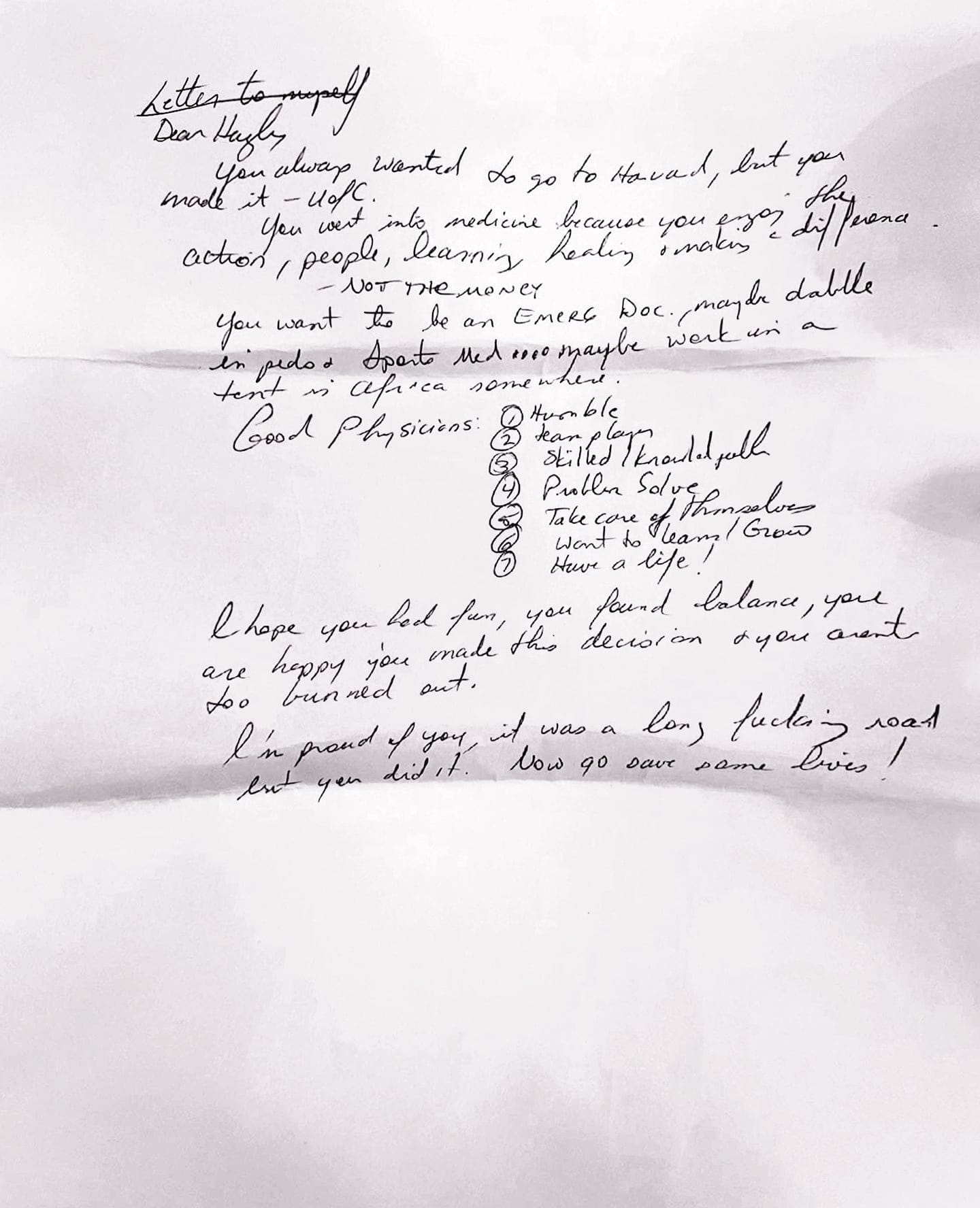 Hayley Wickenheiser's letter to herself. (Courtesy of Hayley Wickenheiser)