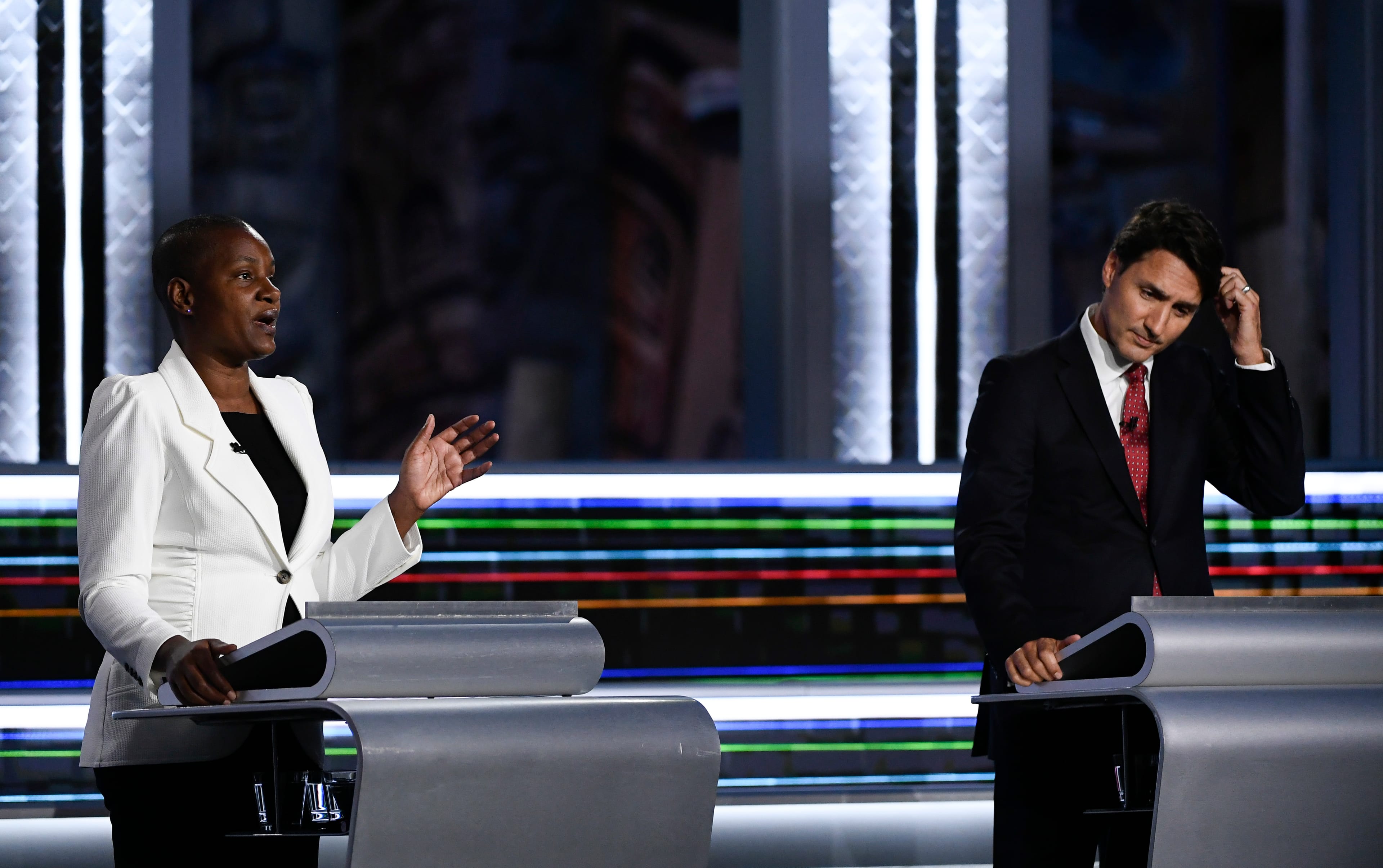 Annamie Paul, left and Justin Trudeau takes part in the federal election English-language Leaders debate in Gatineau, Que., on Thursday, Sept. 9, 2021. THE CANADIAN PRESS/Justin Tang