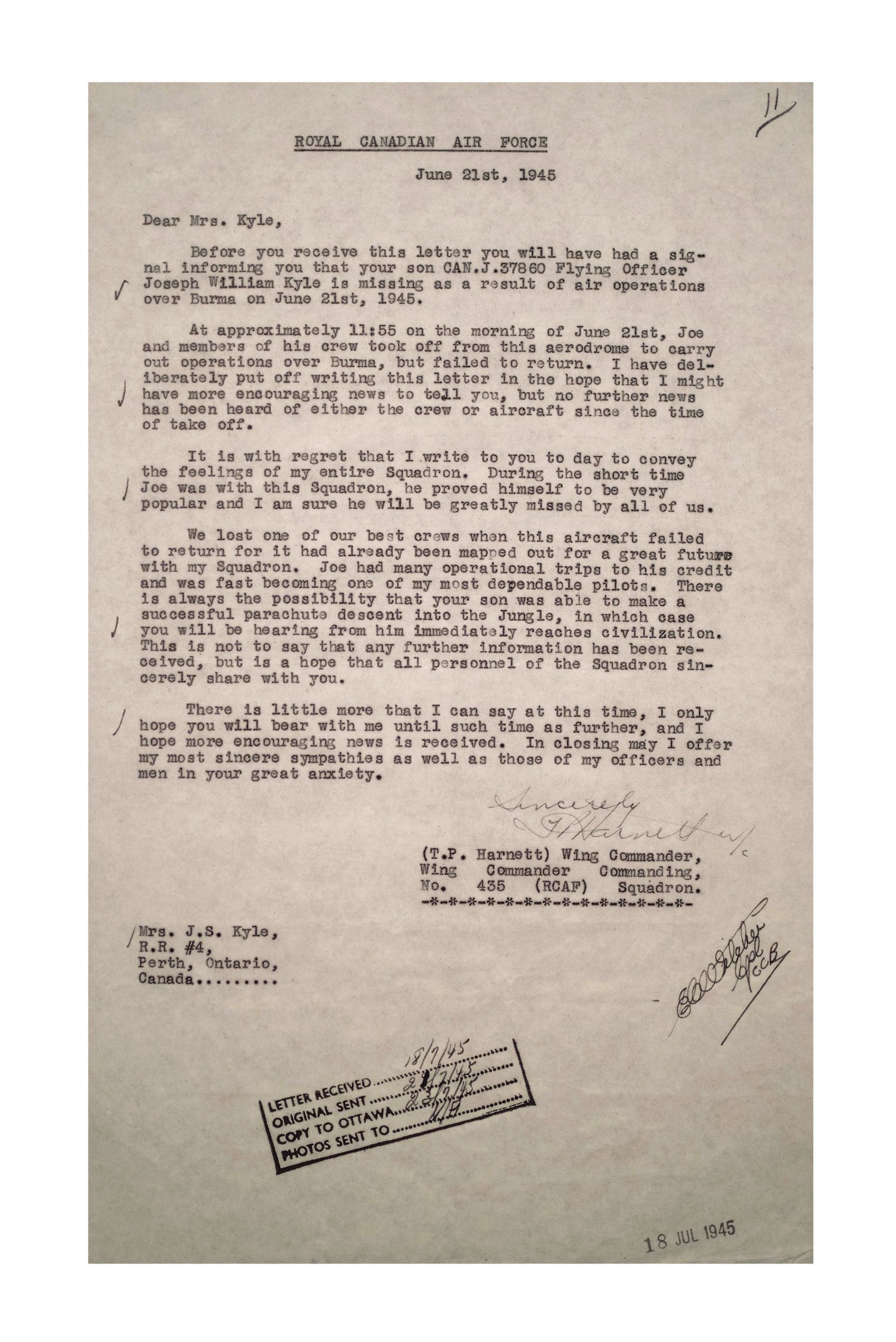 A letter informing Will Kyle's mother of his disappearance. (However there was an accidental flip of his first and middle names, calling him "Joe" throughout.) Will's mother was advised to await further information - an agonizing period of anxiety and uncertainty. (Photograph by Shelby Lisk)