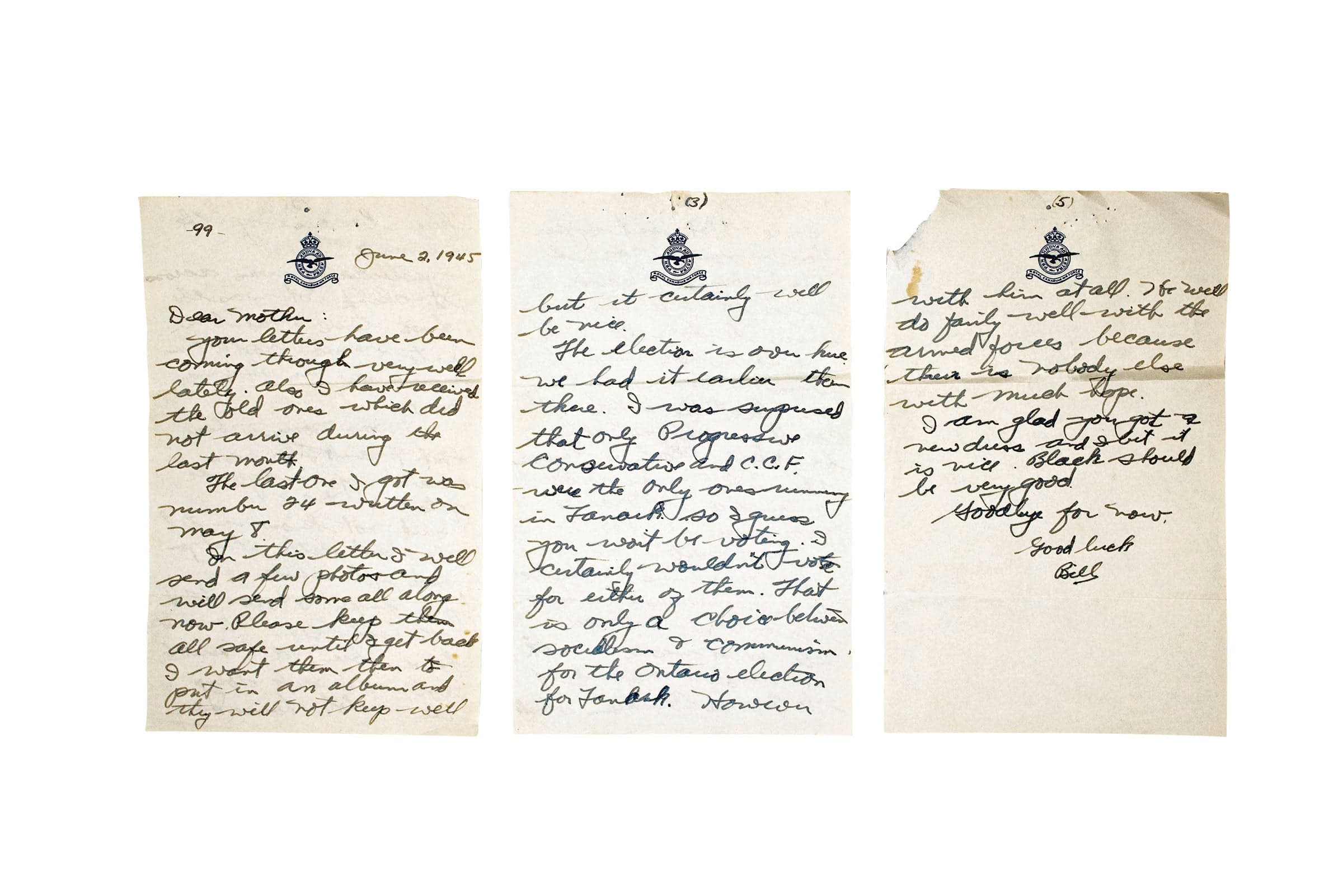 A letter sent from William Kyle to his mother on June 2, 1945 (on display at the Perth Legion). (Photograph by Shelby Lisk)