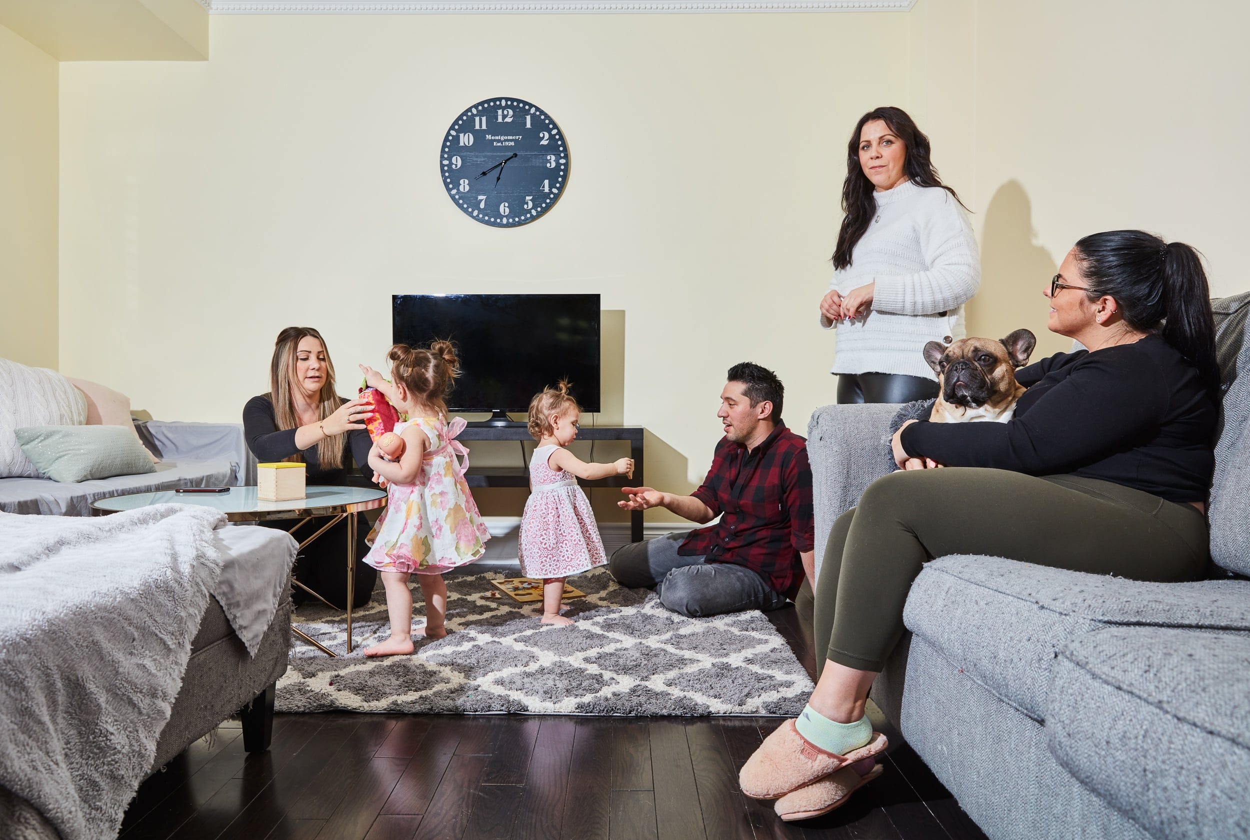 From left: Brenna, Cali, Capri, Luis, Brooke, Tracey and their dog, Charlie: ‘We were completely priced out’ (Photograph by Carmen Cheung)