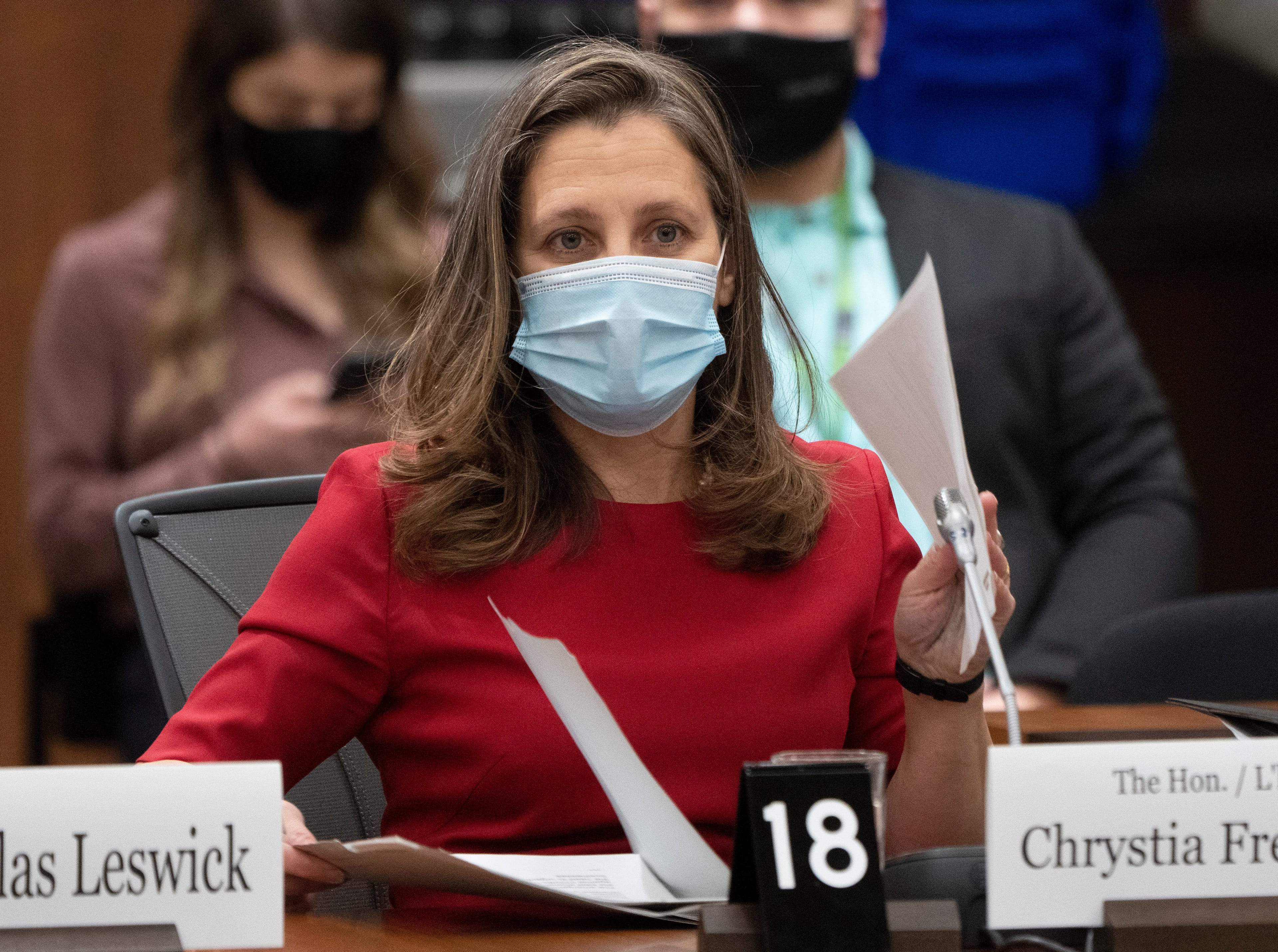 Deputy Prime Minister and Finance Minister Chrystia Freeland waits to appear before the House of Commons Finance committee, Thursday, Dec. 9, 2021 in Ottawa. THE CANADIAN PRESS/Adrian Wyld