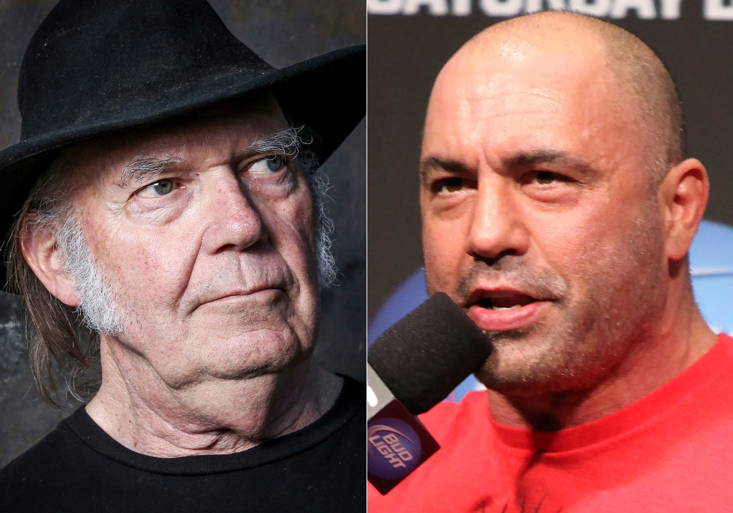 Neil Young in Calabasas, Calif., on May 18, 2016, and Joe Rogan in Seattle on Dec. 7, 2012 (AP Photo)