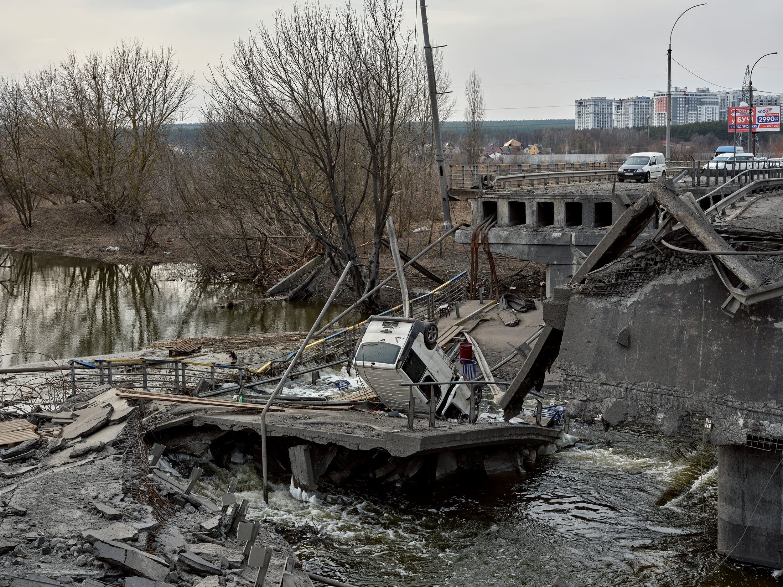 Irpin, March 12. “This was one of my first stops. In the early days of the war, Russian forces were advancing so quickly that the Ukrainian engineers responsible for planting explosives on the bridge didn’t even have enough time to detonate them remotely. A young Ukrainian soldier sacrificed himself, blowing up the bridge while he was on it to save his unit and the city.” (Photograph by Philip Cheung)