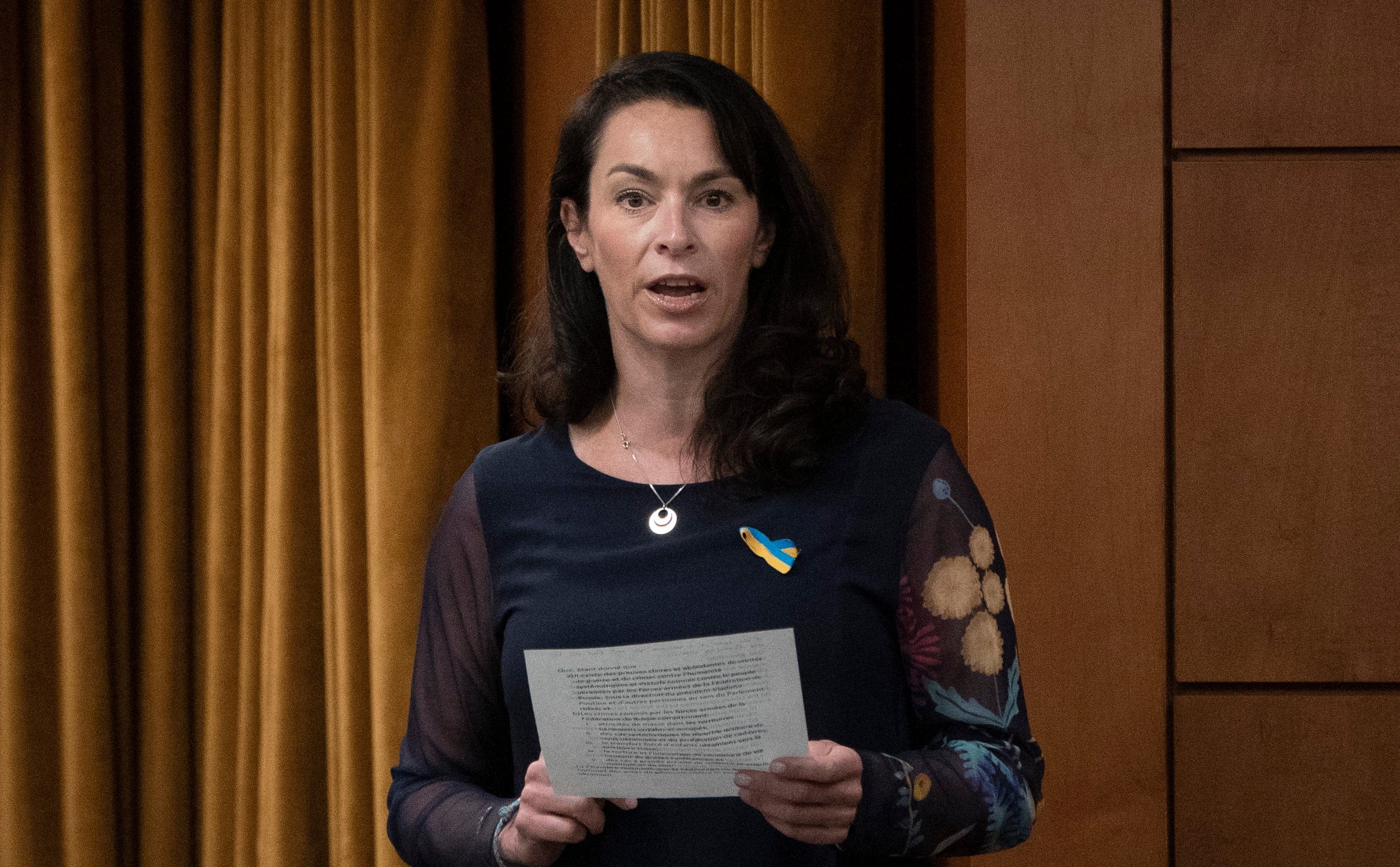 NDP MP for Edmonton Strathcona Heather McPherson rises on a point of order to move a motion on Ukraine following Question Period, April 27, 2022 in Ottawa. (Adrian Wyld/The Canadian Press)