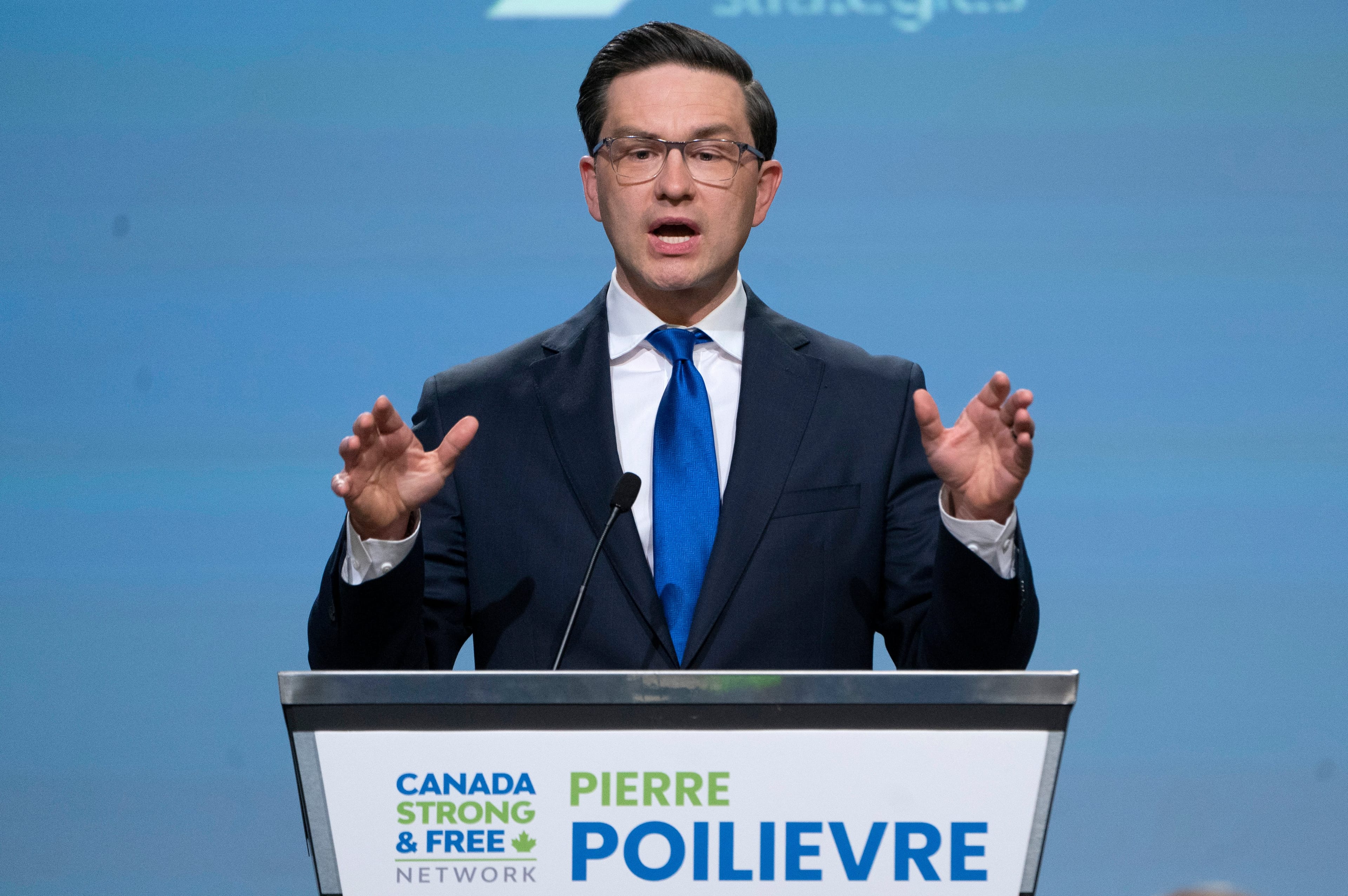 Poilievre delivers remarks during a debate at the Canada Strong and Free Network conference, in Ottawa, May 5, 2022. (Adrian Wyld/The Canadian Press)