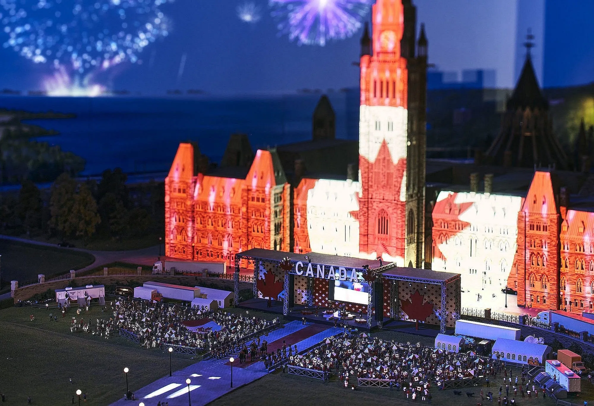 In real life, the Parliament building in Ottawa gets a light and fireworks show on Canada Day—but in Little Canada, it happens every fifteen minutes. (Photographs by Michael Kazimierczuk)