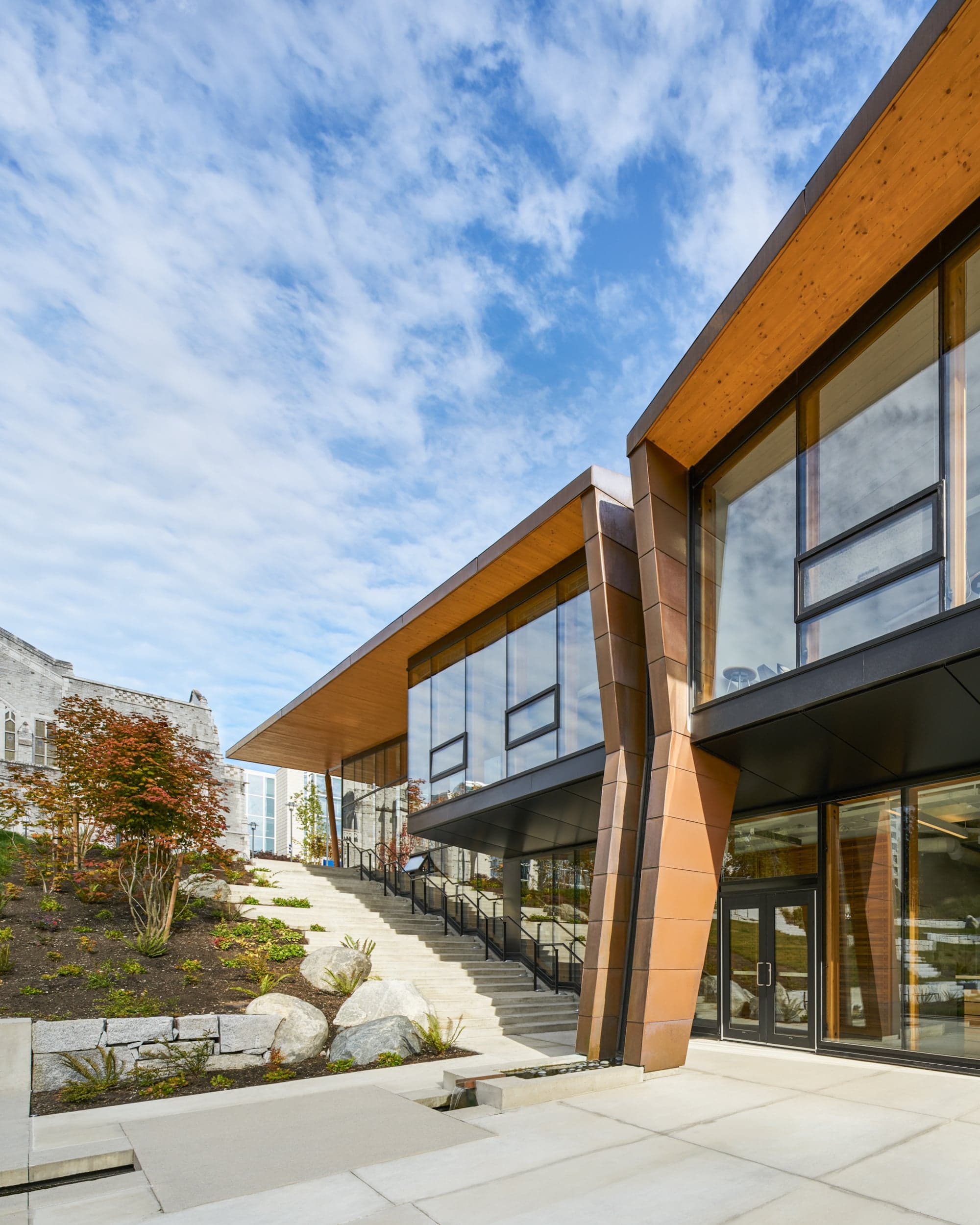 WATERFALL | The building’s copper roof directs rainfall down a glass chute. Waugh intended it to symbolize the tears of residential school survivors.