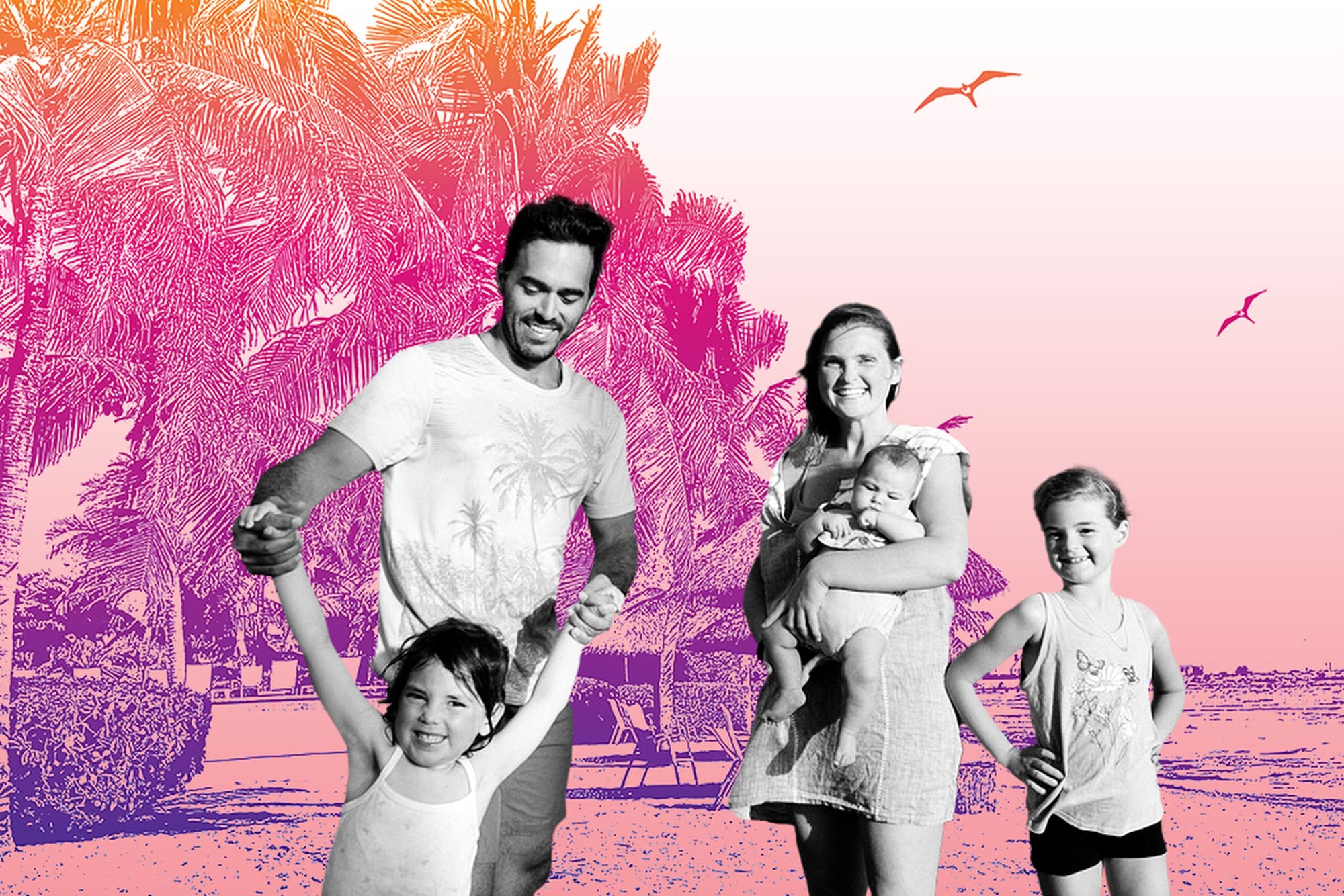 A smiling family in front of a tropical background