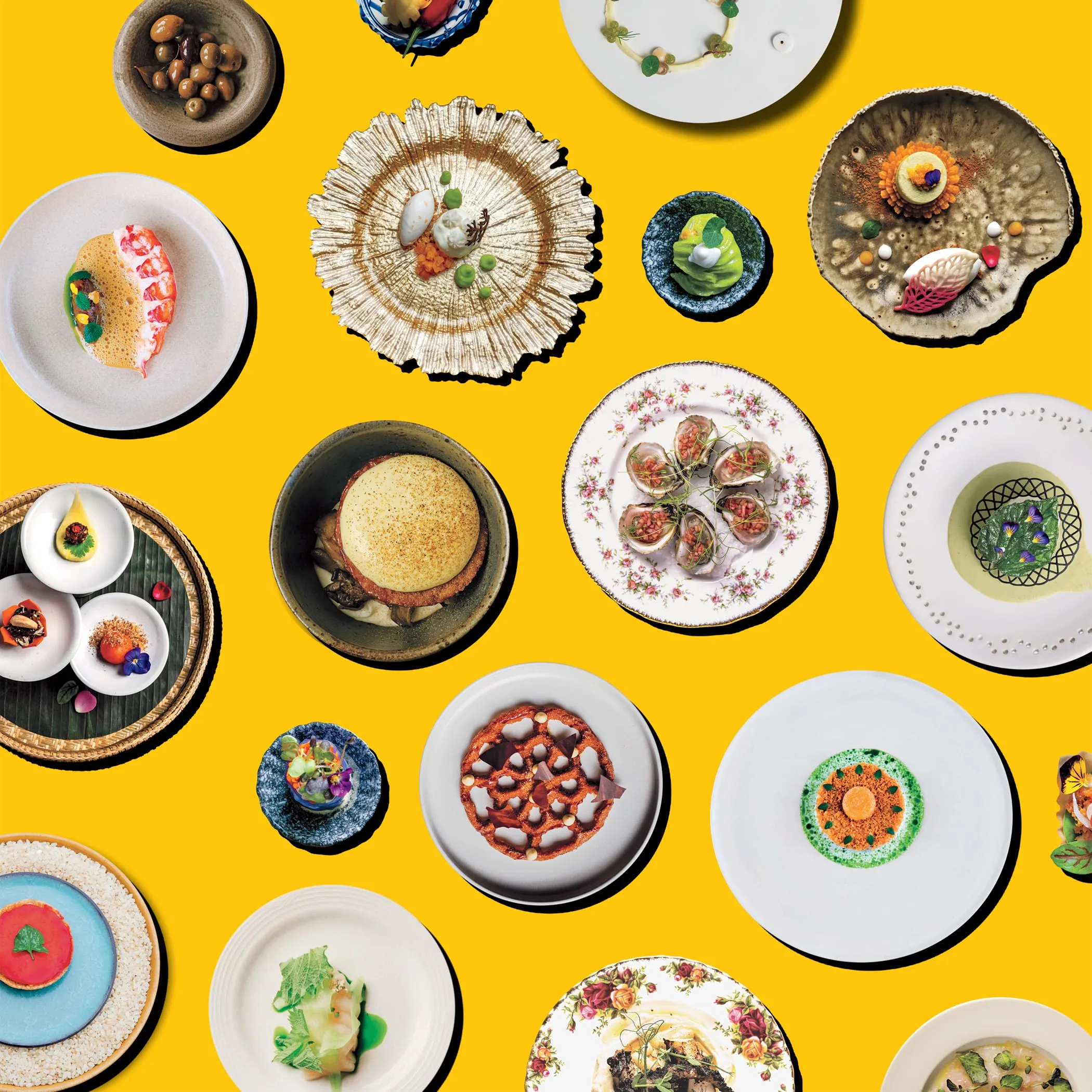 A spread of dishes from various restaurants, on a yellow background