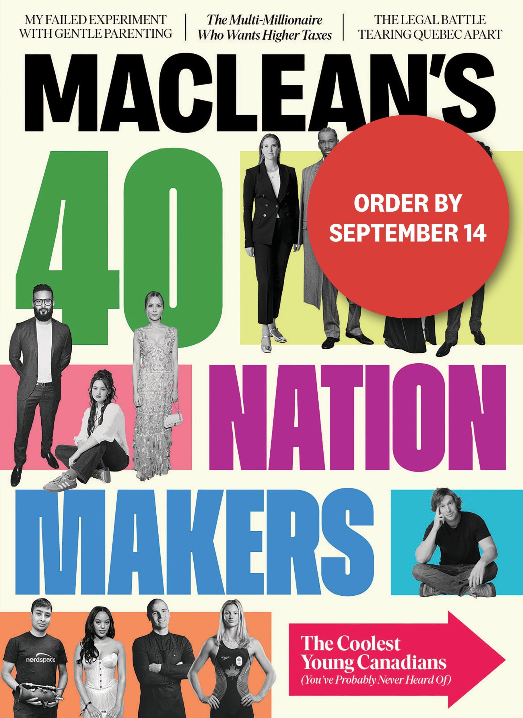 The cover of the Maclean's October 2025 issue, featuring the headline "40 Nation Makers. Order by September 14"