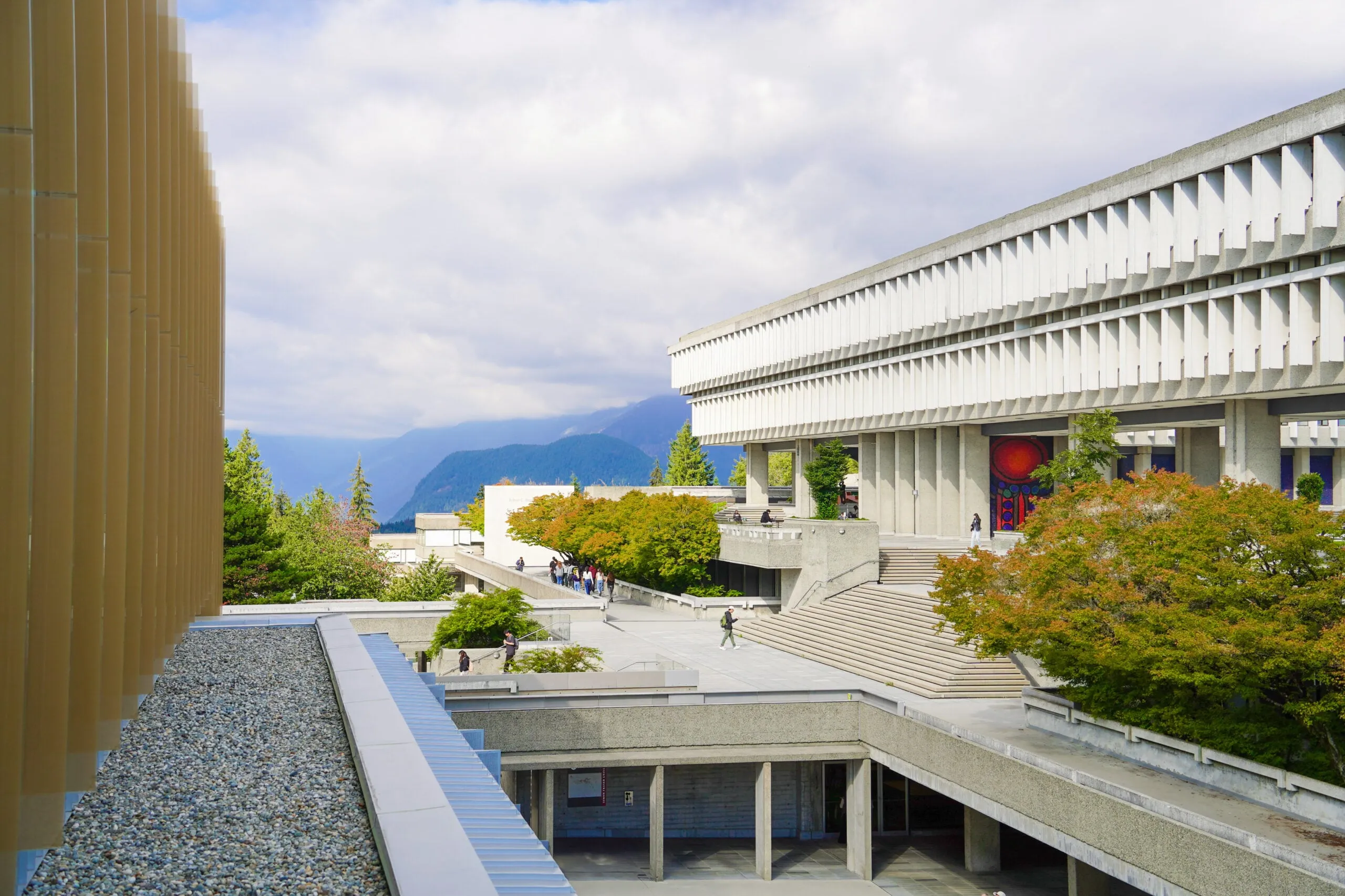 concrete university buildings overlooking mountains