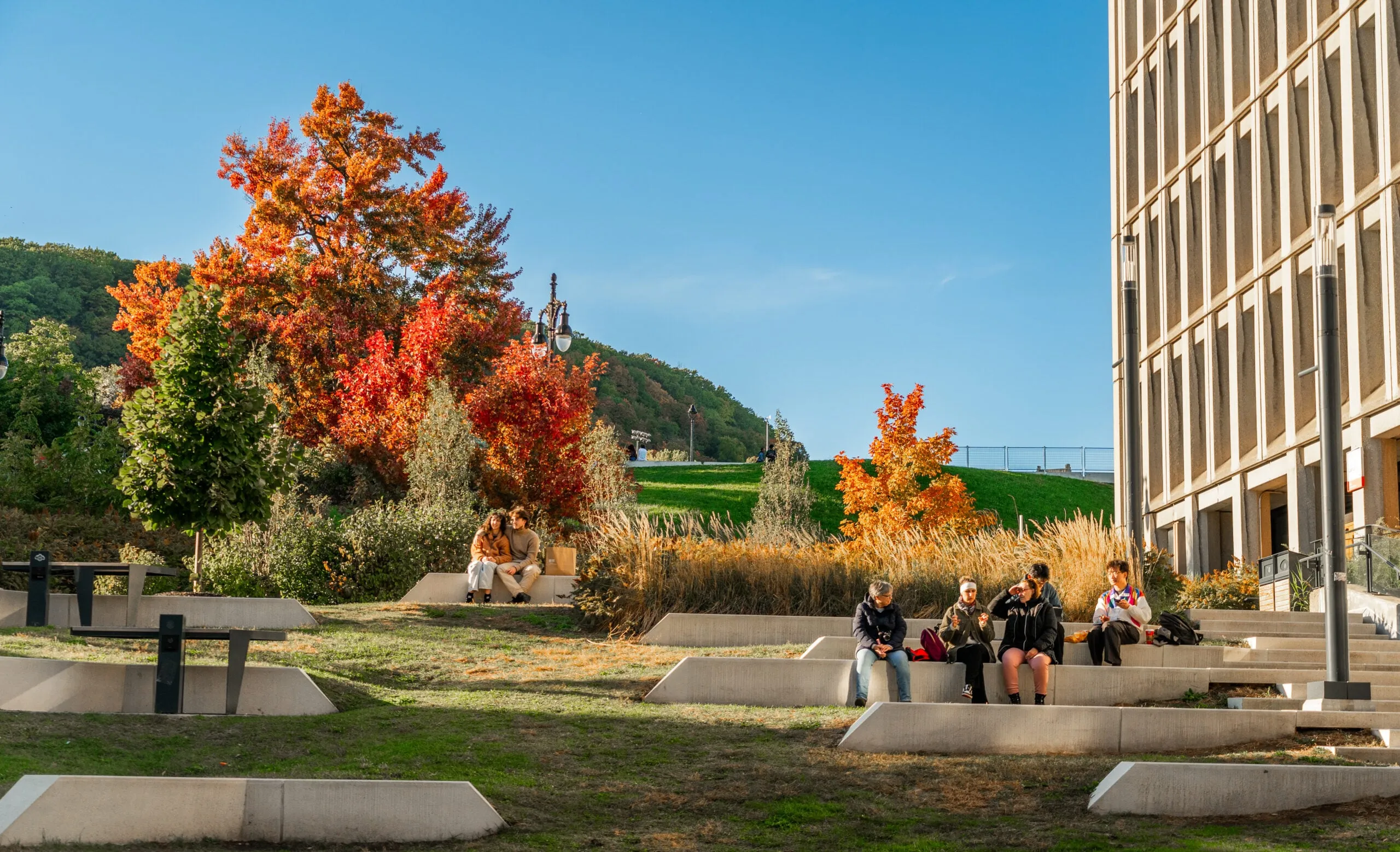 Students sitting on a concrete bench surrounded by trees and grass