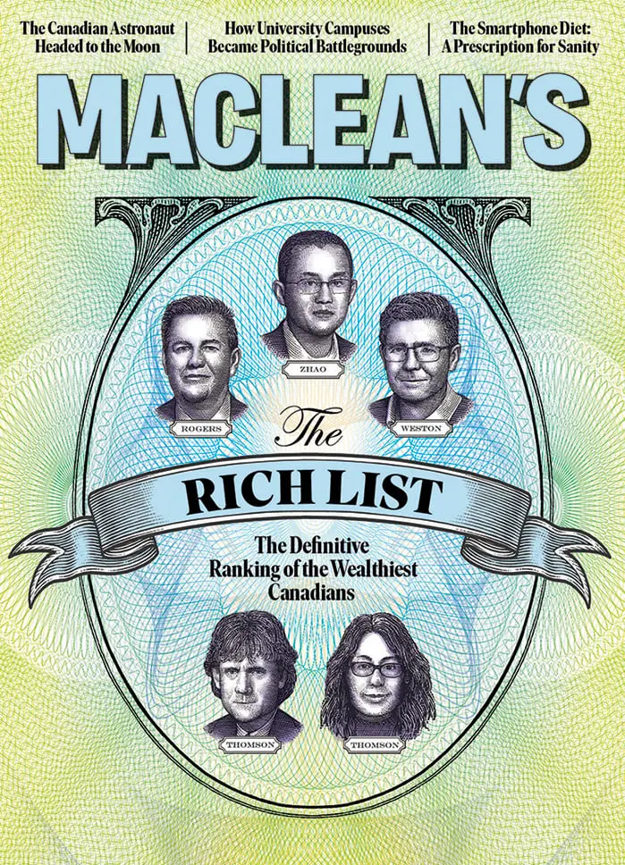 The cover of the December issue of Maclean's magazine, featuring a story titled "The Rich List: The definitive ranking of the wealthiest Canadians"