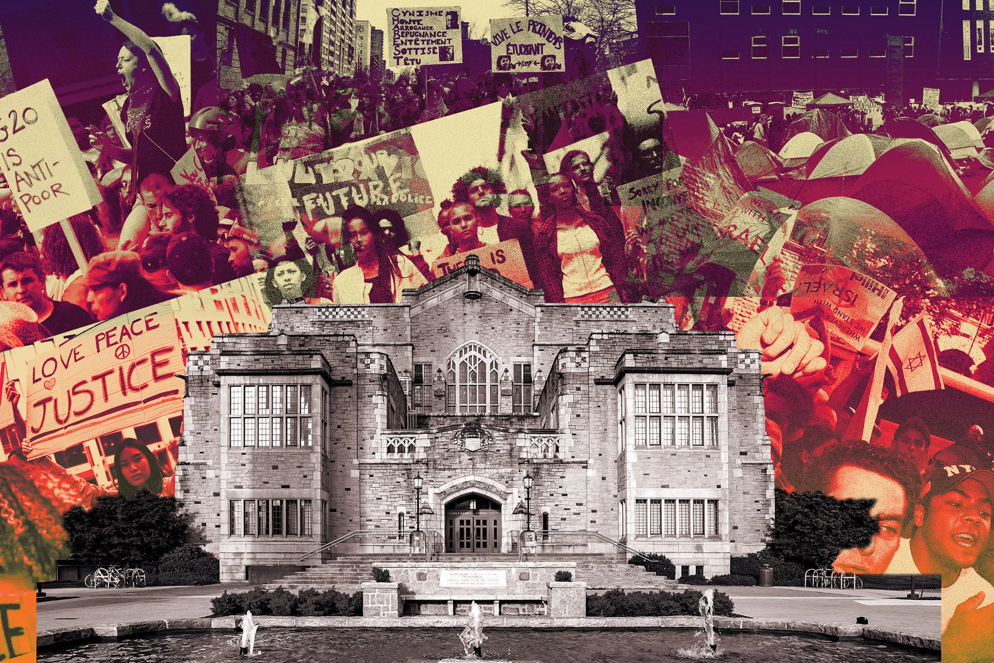 Layered images of a protest and UBC university