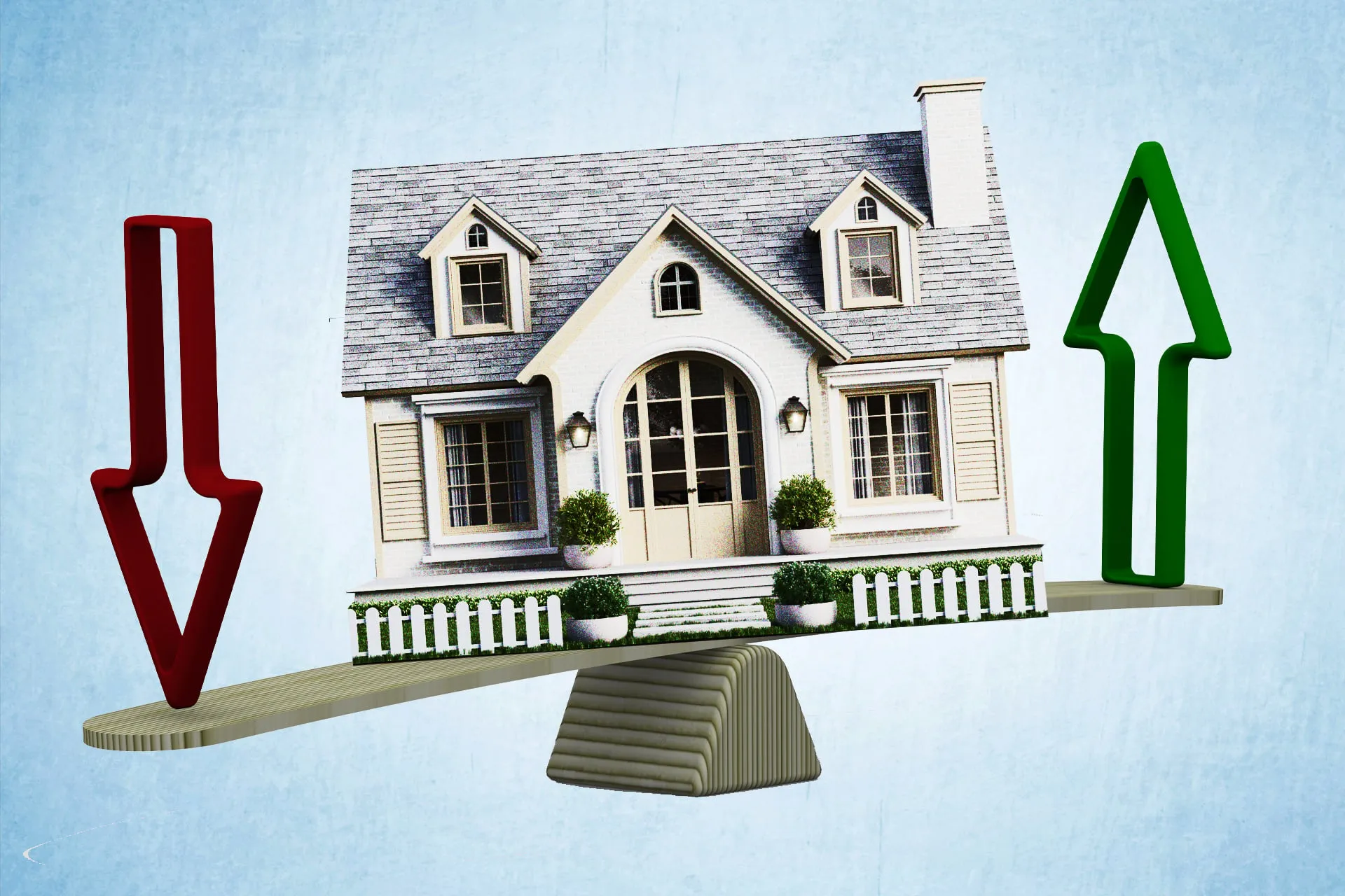 A house sitting on top of a scale in the centre, slightly leaning to the left. A red arrow pointing down on the left scale, and a green arrow pointing up on the right side.