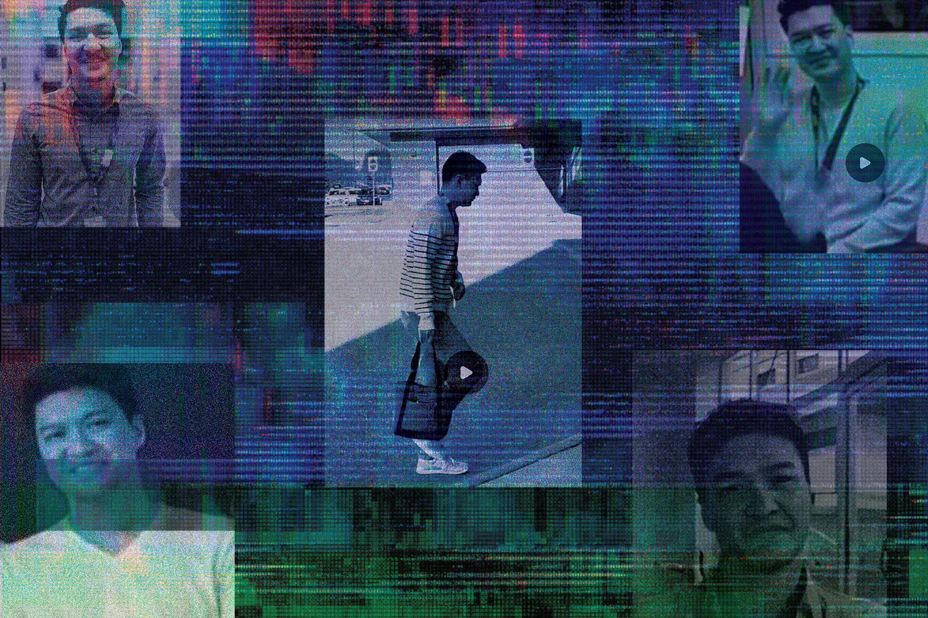 A collage comprised of several images of a man overlayed with a blue and green glitch effect