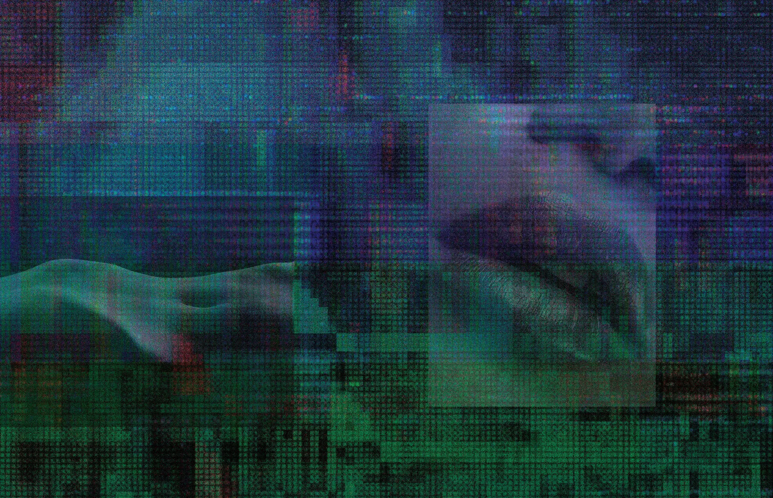 A collage of multiple images of women overlayed with a blue and green glitch effect