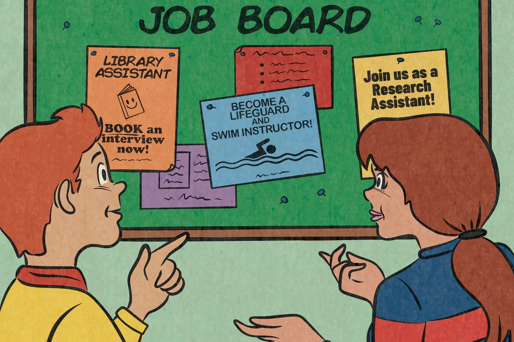 illustration of two students looking at a job board with job postings on it.