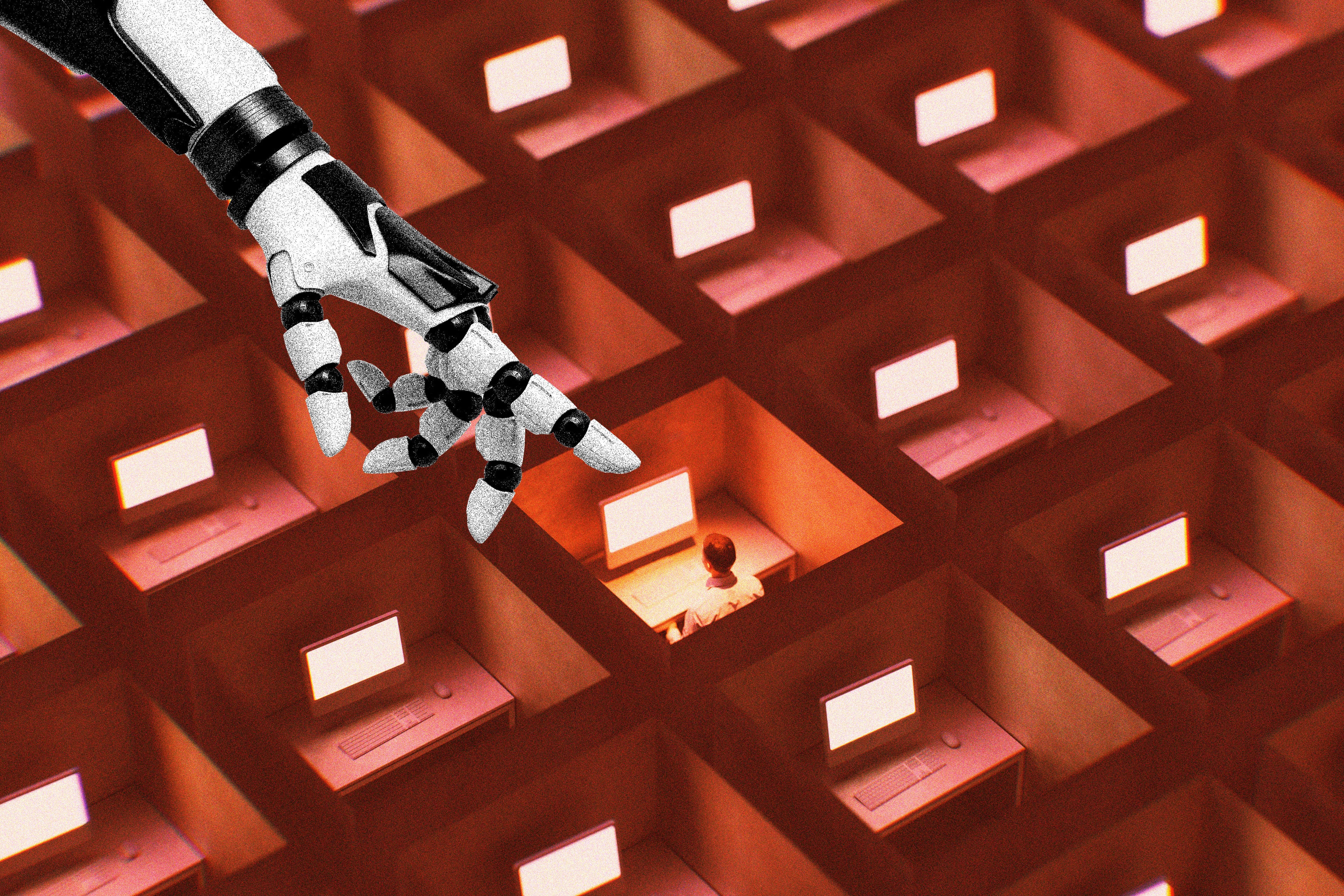 A worker in a cubicle with a giant robotic hand pointing down at them, hovering above them