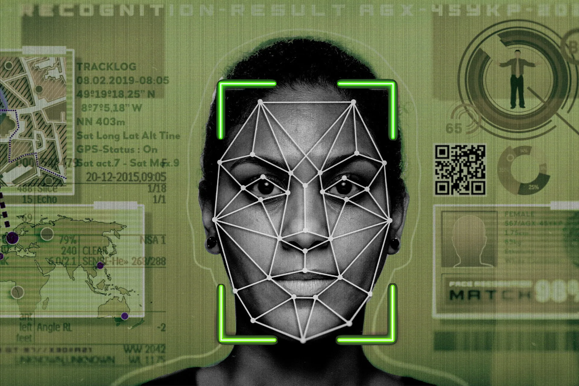 Portrait of a girl on a passport picture with lines and a box around her face.